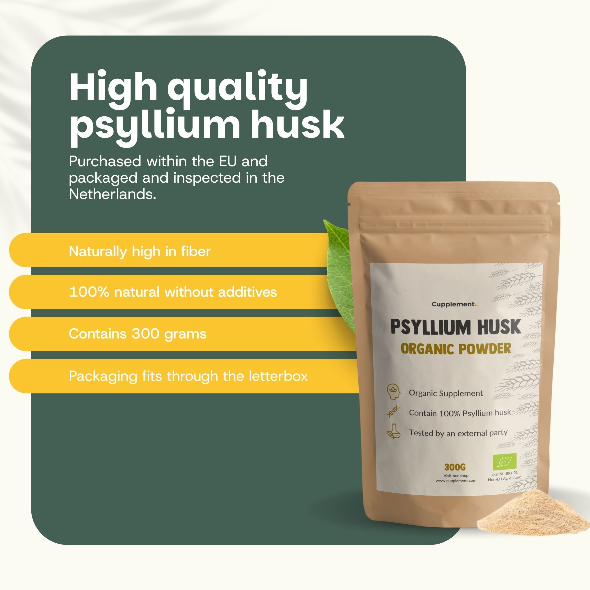 Sachet de Psyllium Husk. Texte : Psyllium Husk de haute qualité, 300g, naturel, sans additifs.
