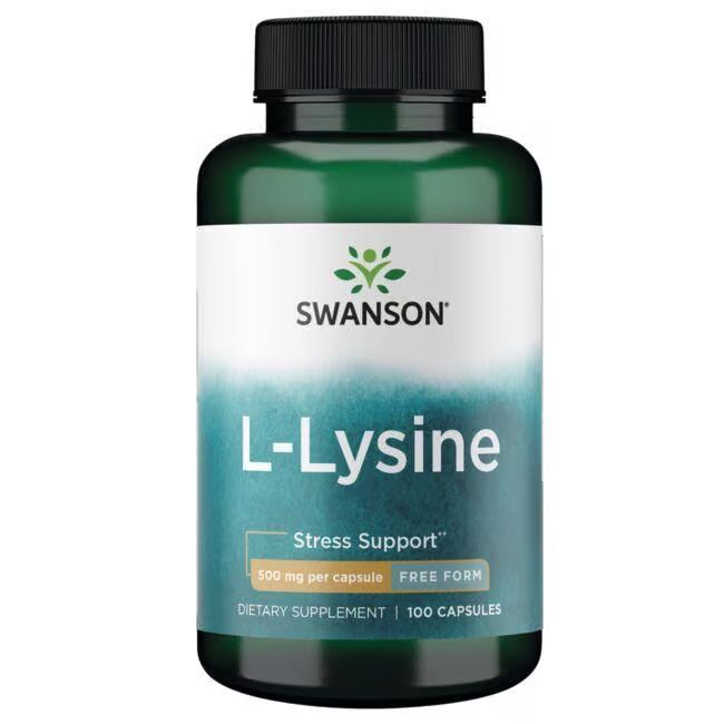 Flacon vert avec étiquette blanche. Inscription: SWANSON L-Lysine, 500 mg par capsule, 100 capsules.