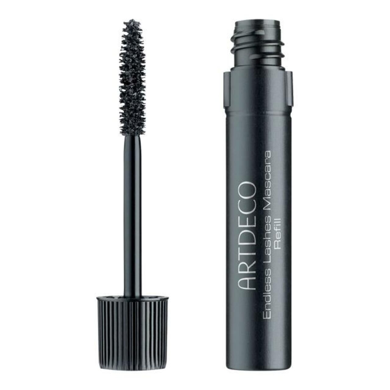 Zwarte mascara navulling met borstel. Opschrift: ARTDECO Endless Lashes Mascara Refill. Borstel en houder zijn gescheiden.