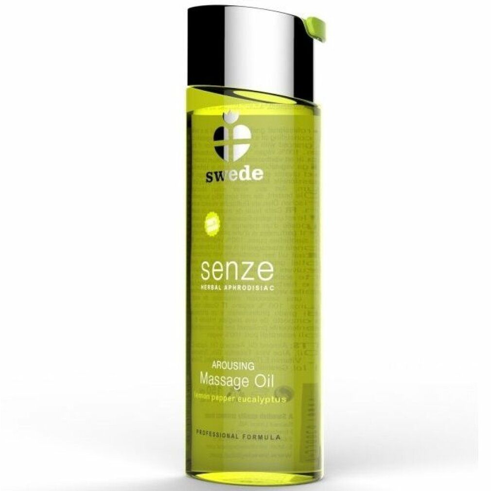 Huile de massage Swede Senze, 100ml. Liquide jaune dans une bouteille transparente avec bouchon argenté.