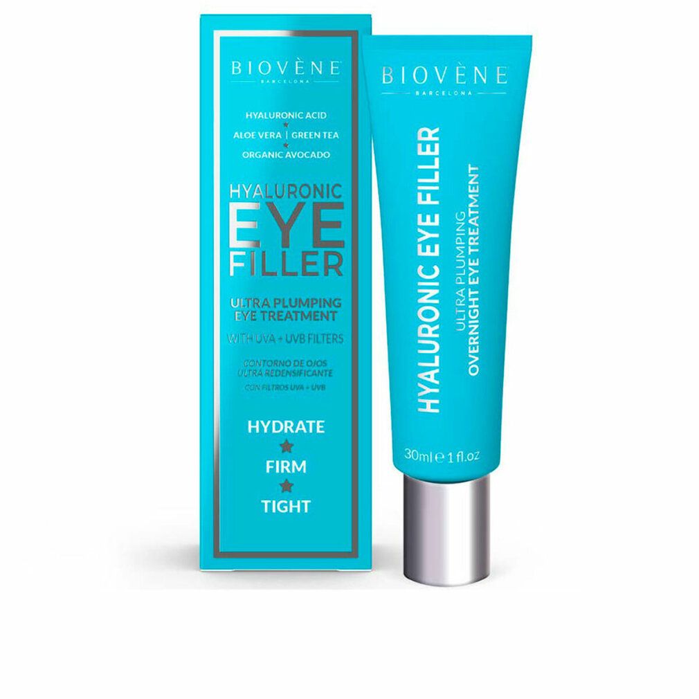 Tube et boîte turquoise. Inscription: Hyaluronic Eye Filler, Ultra Plumping Eye Treatment. Marque: Biovene.