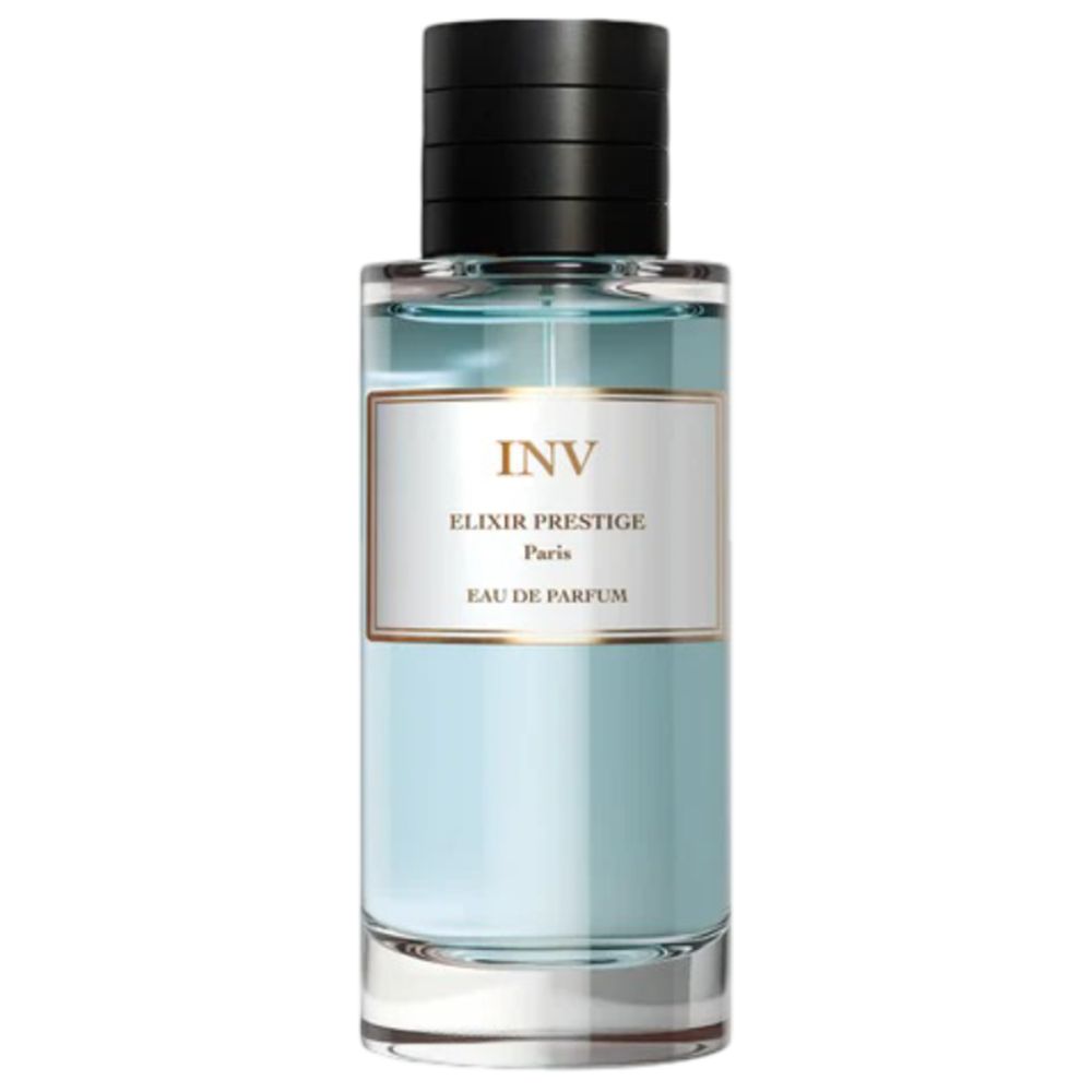 Flacon de parfum avec contenu bleu, étiquette blanche et bouchon noir. Étiquette avec texte: INV, Elixir Prestige, Paris, Eau de Parfum.