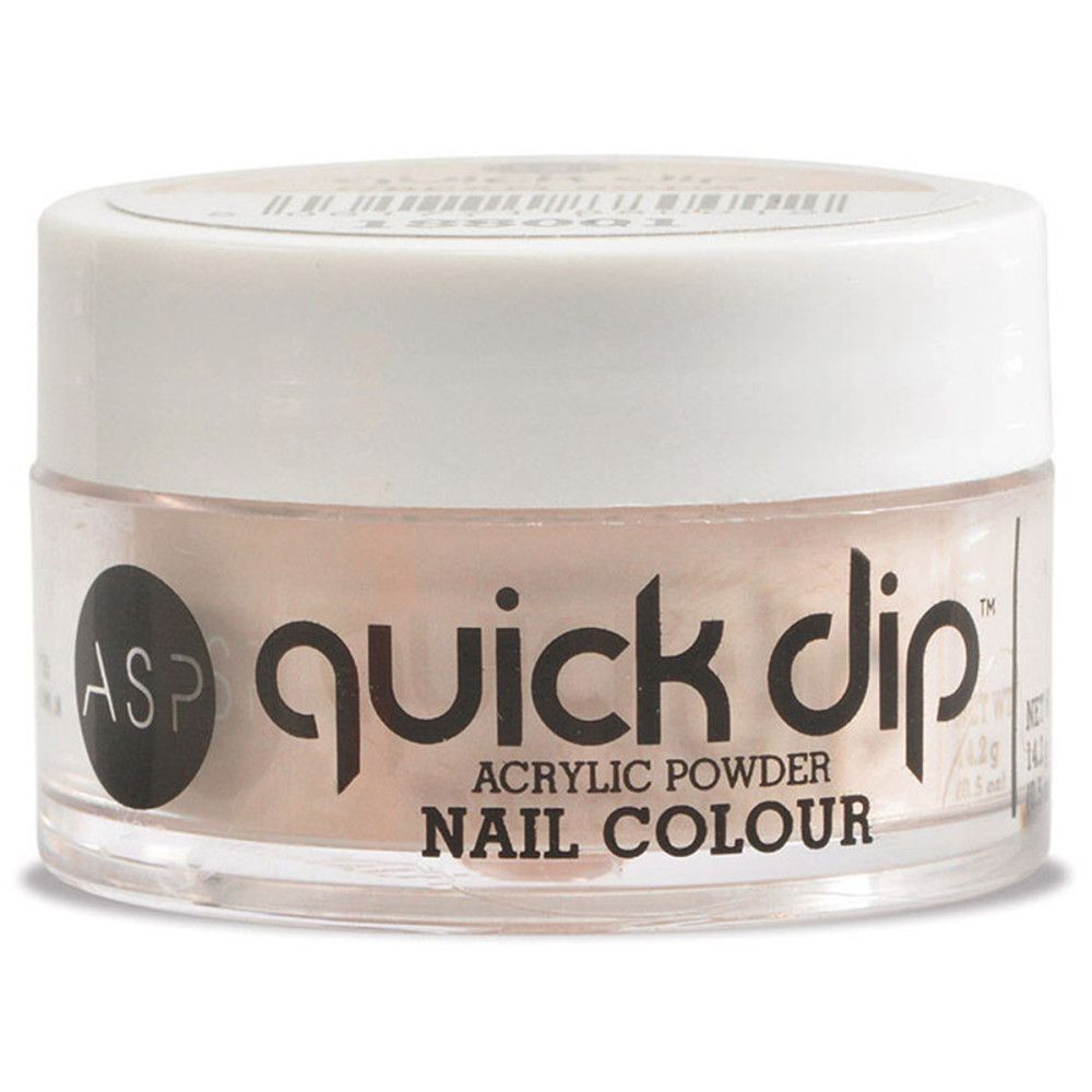 Pot de poudre rose. Inscription 'quick dip' et 'ACRYLIC POWDER NAIL COLOUR'.