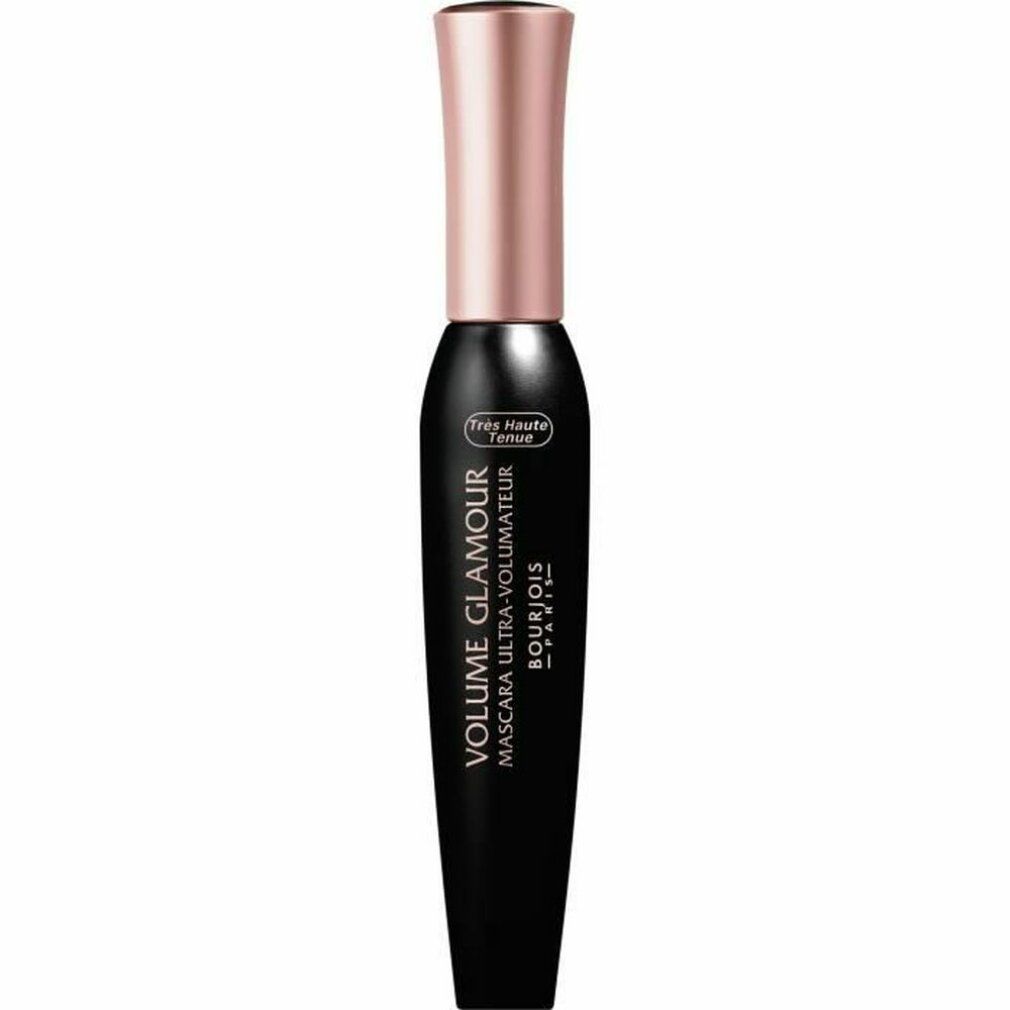 Tube de mascara noir avec capuchon rose doré. Inscription : VOLUME GLAMOUR, BOURJOIS.