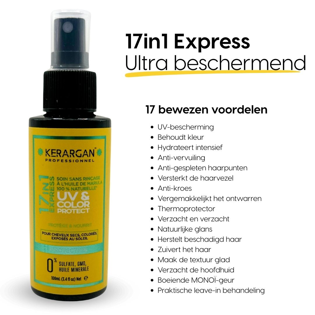 Kerargan UV & Color Protect. Fles met verstuiver. Tekst: 17in1 Express Ultra-bescherming. 17 voordelen. Geel etiket.