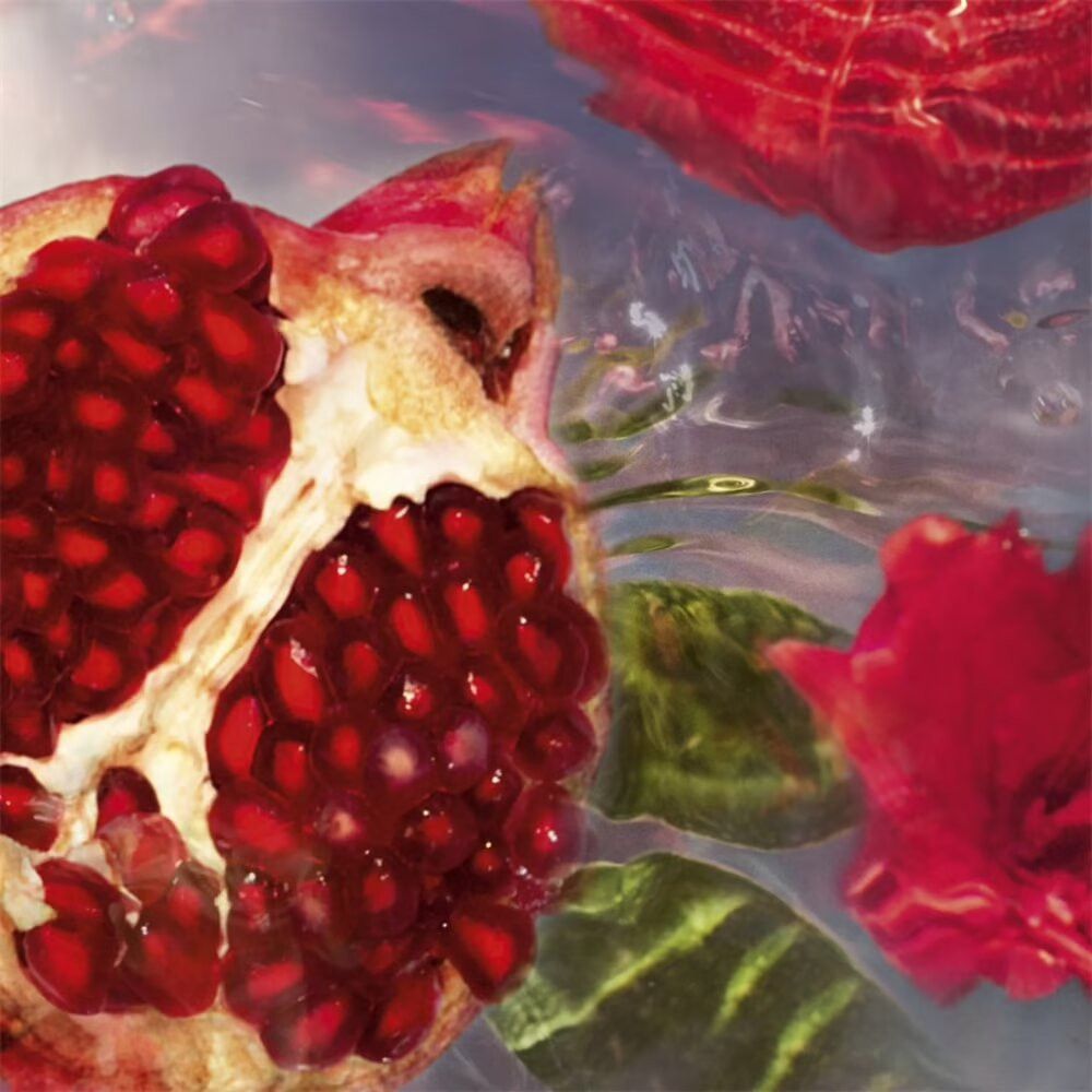 Halve granaatappel met rode zaden, omringd door water en rode bloemblaadjes. Close-up.