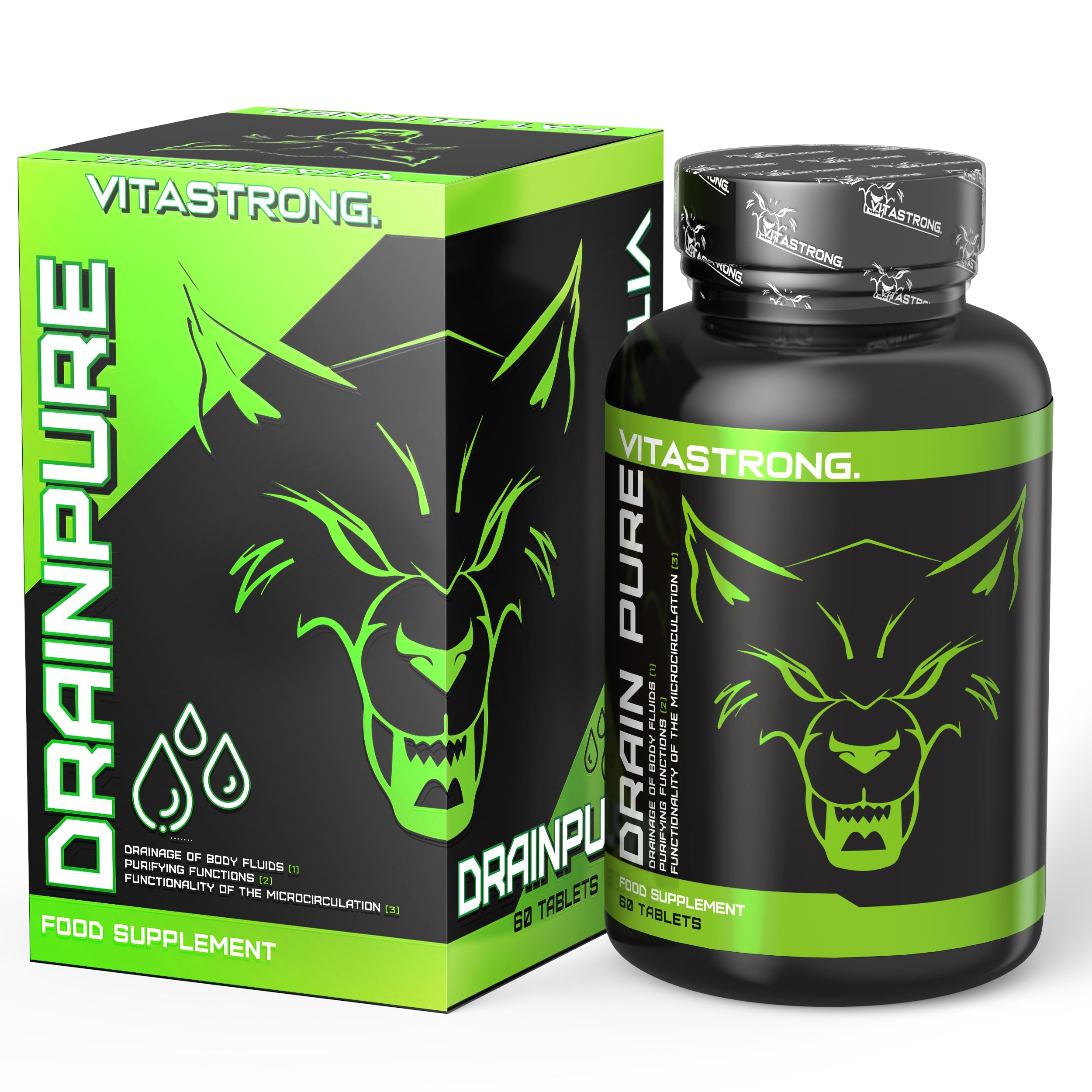 Vitastrong Drainpure. Zwarte fles en doos met groen etiket. 60 tabletten. Wolf-logo.