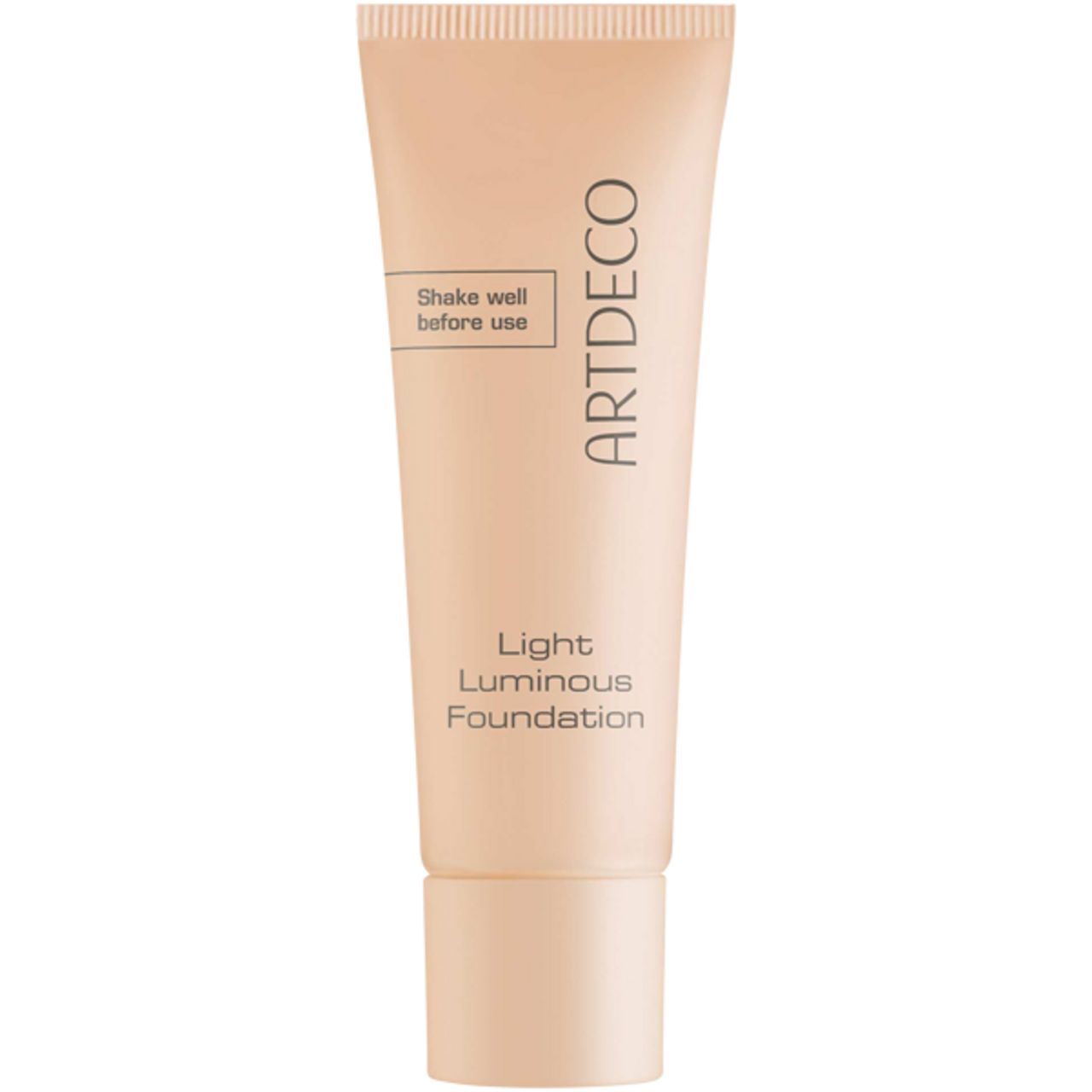 Beige tube met product. Opschrift: ARTDECO, Light Luminous Foundation. Tekst: Shake well before use.