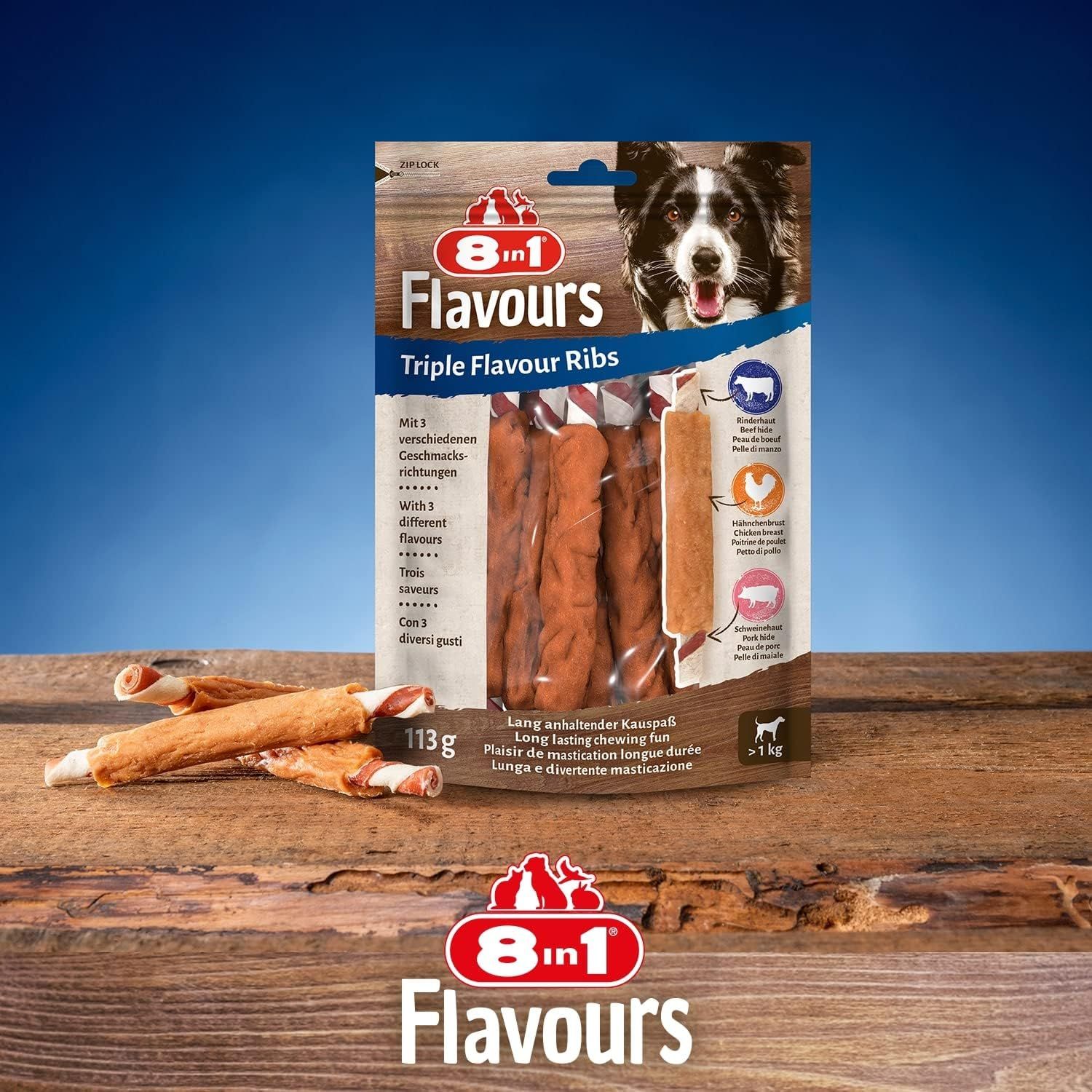 8in1 Triple Flavour Ribs friandises pour chien en multipack, 113g.