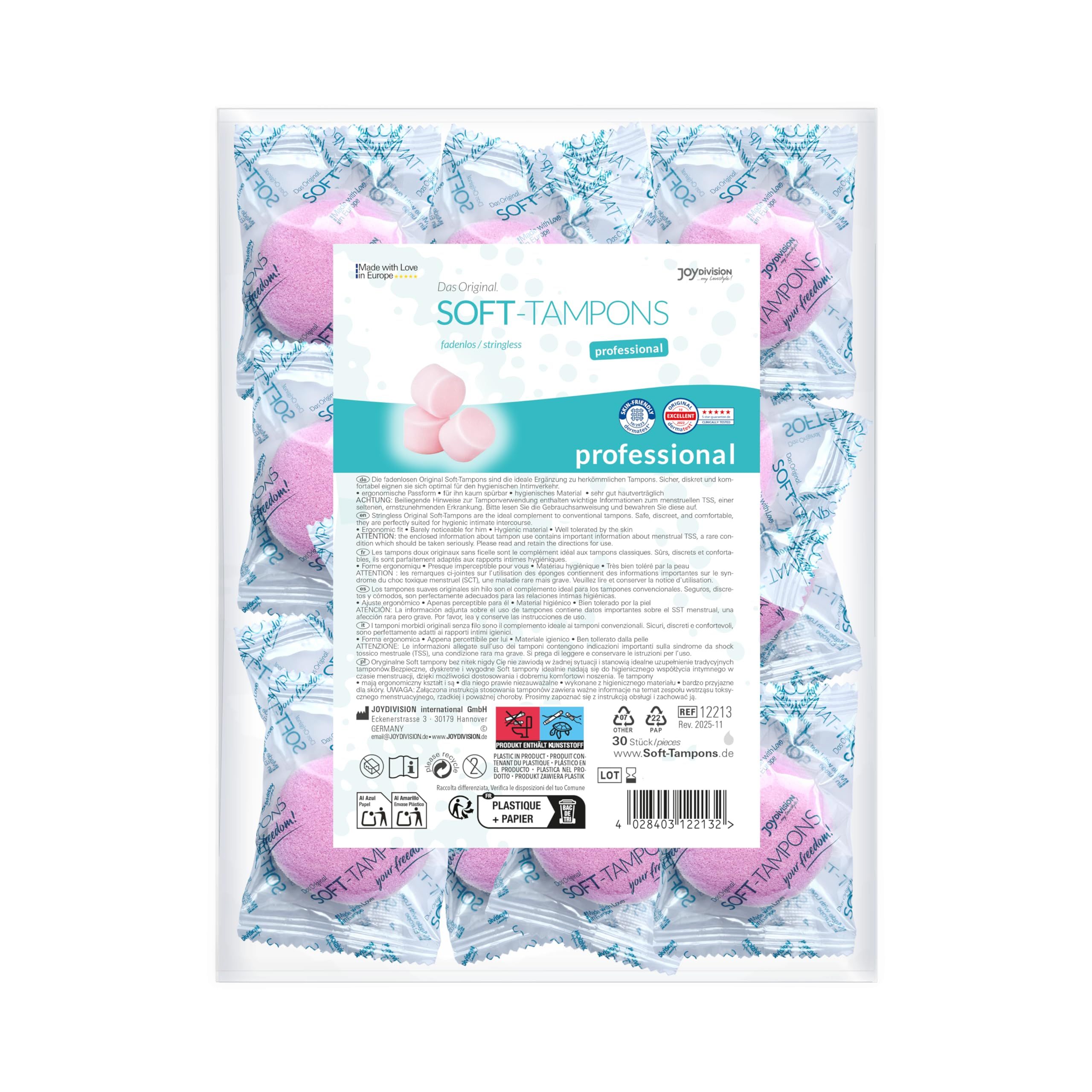 Verpakking met 30 JOYDIVISION Soft Tampons PRO, individueel hygiënisch verpakt.