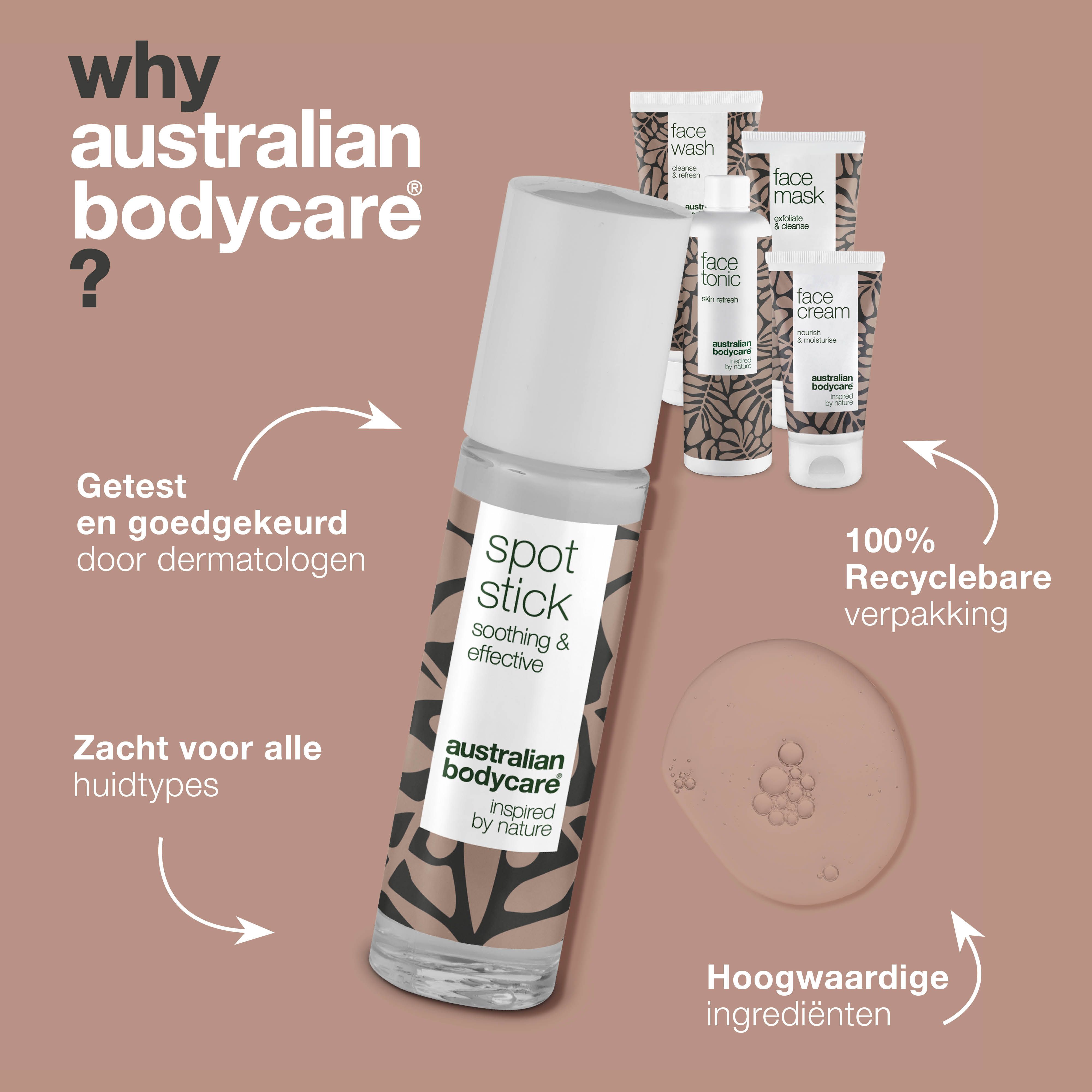 Spot Stick met tekst. Gezichtsverzorgingsset op de achtergrond. Tekst: Waarom Australian Bodycare?