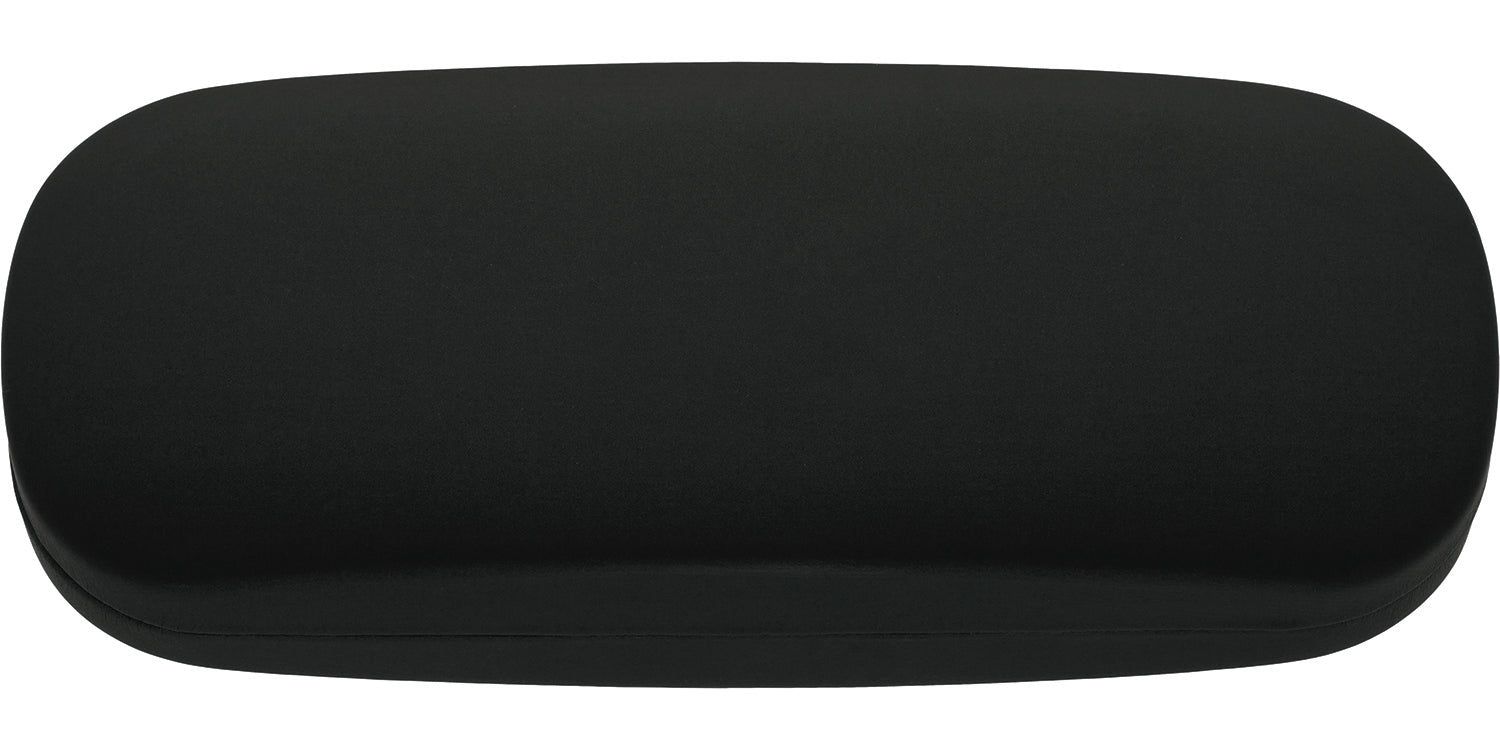Étui rigide noir, ovale. Surface lisse, fermé.