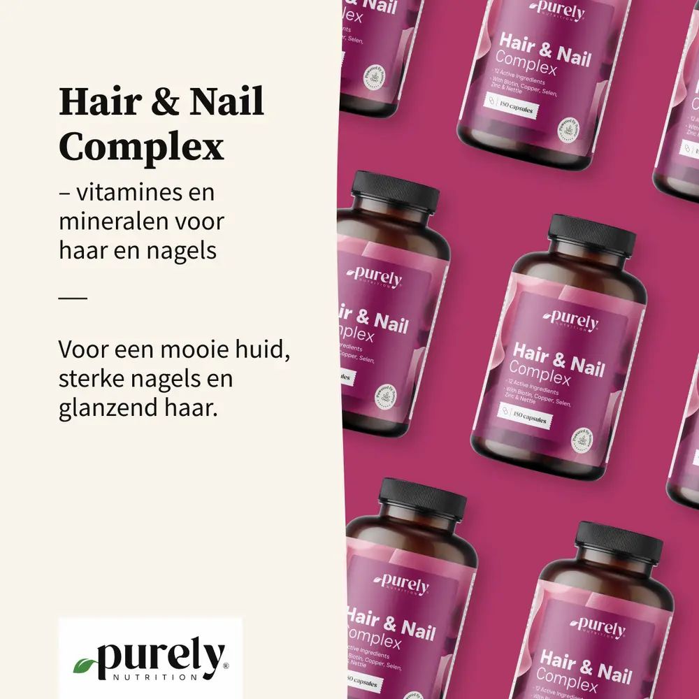 Flesjes met 'Hair & Nail Complex' supplementen, vitamines en mineralen voor haar en nagels.