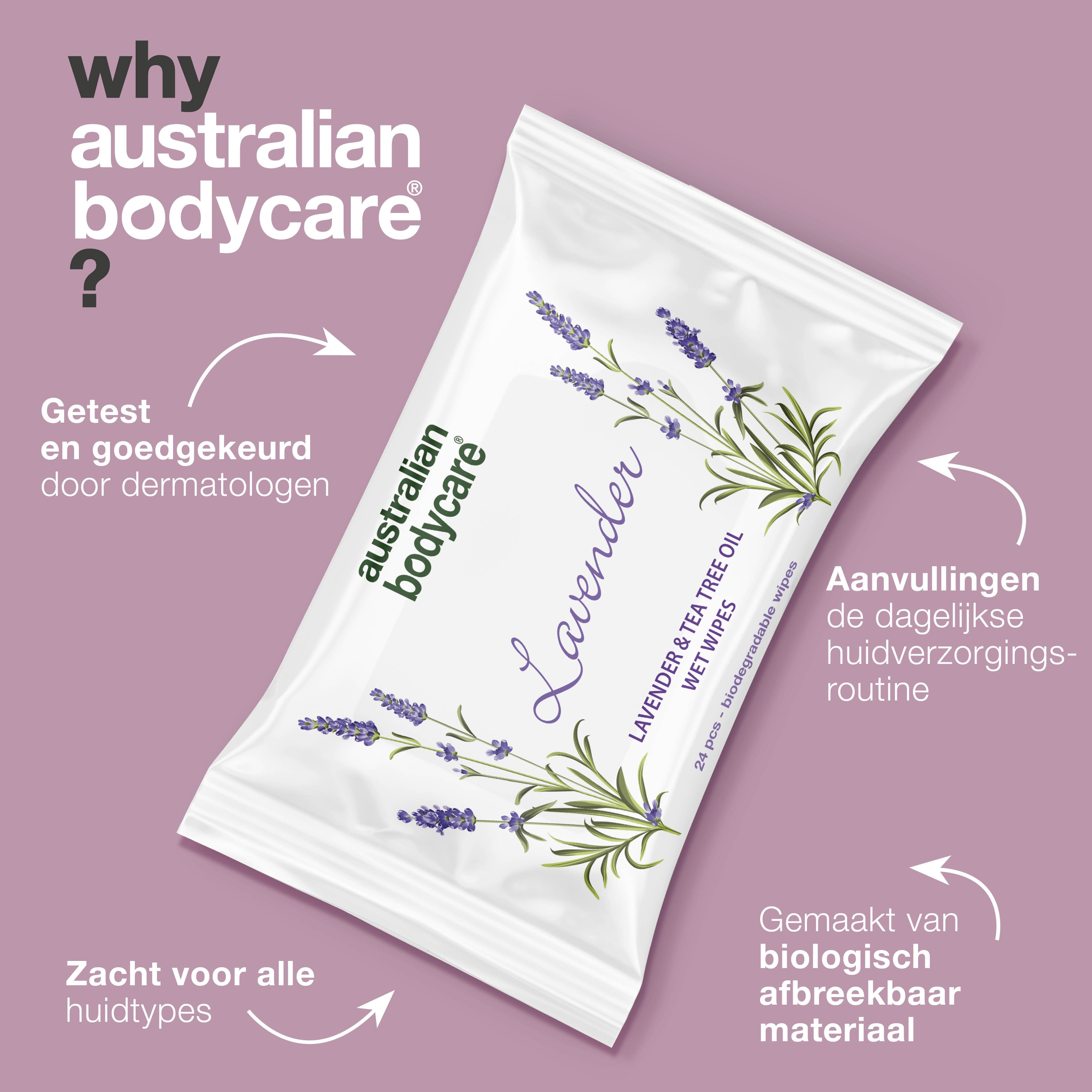 Verpakking met tekst en illustraties. Tekst: Australian Bodycare, Lavender, Wet Wipes.