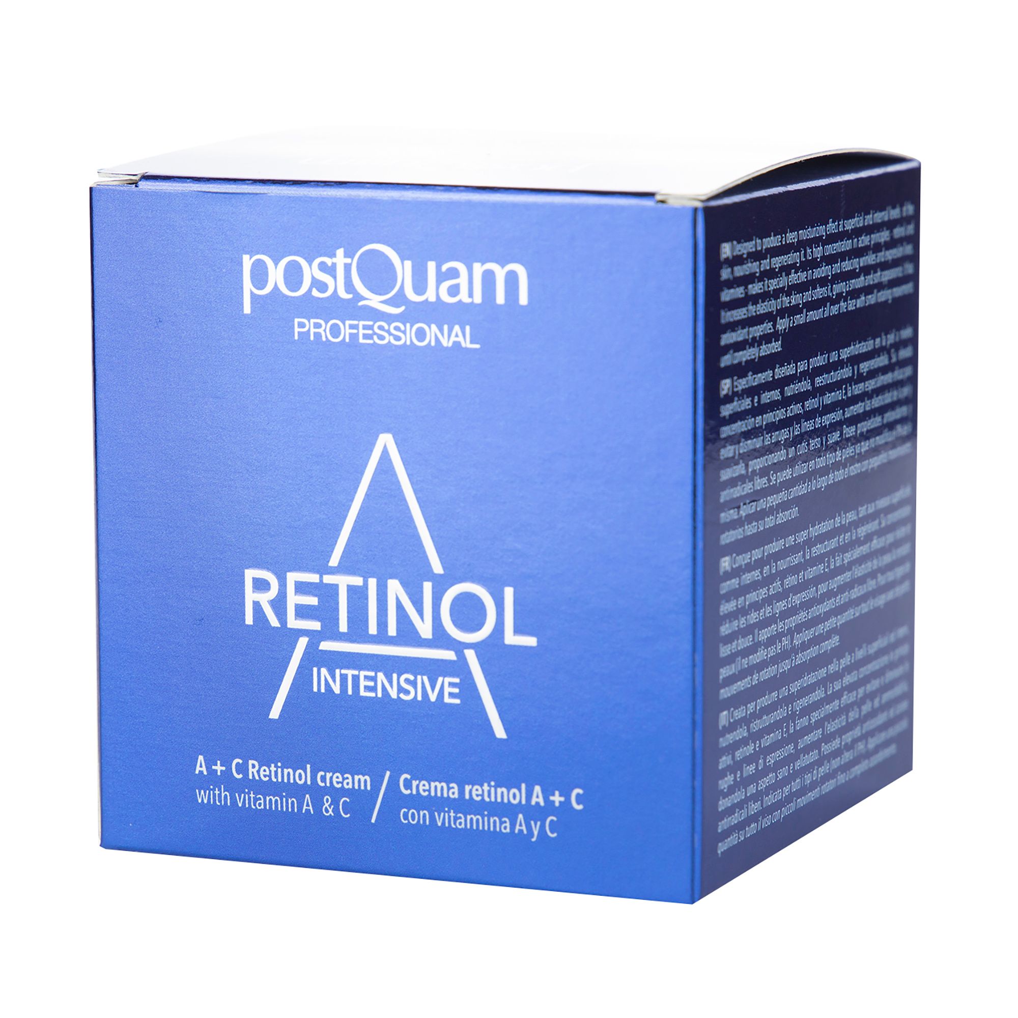 Blauwe doos. Opschrift: Retinol Intensive, A+C Retinol cream with vitamin A & C. Tekst op de zijkant.