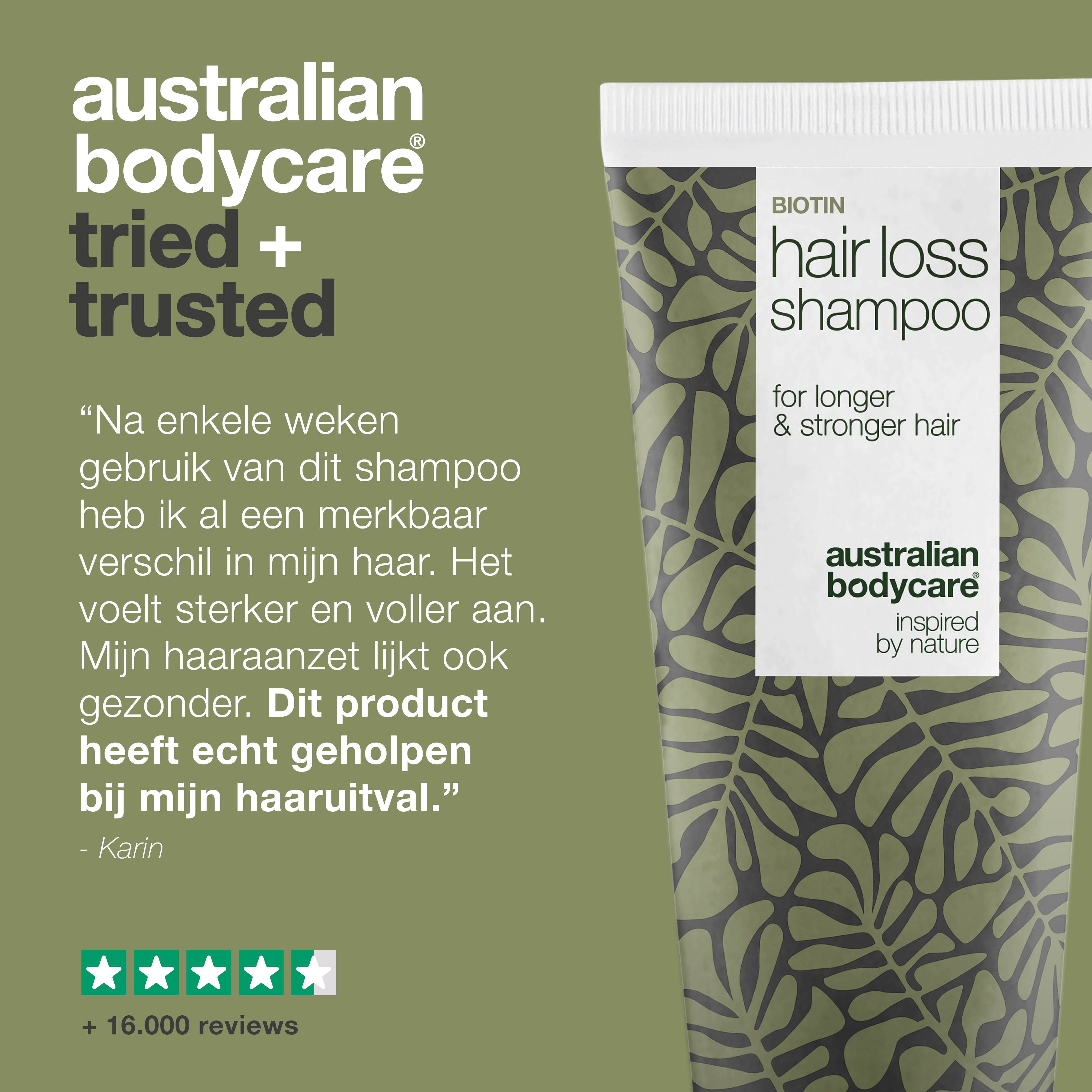 Biotin Hair Loss Shampoo tube. Groen-wit ontwerp. Tekst: Hair Loss Shampoo, Australian Bodycare.