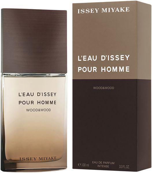 Parfumfles en verpakking. Opschrift: L'Eau d'Issey Pour Homme Wood & Wood. Merk: Issey Miyake. Bruin- en beigetinten.