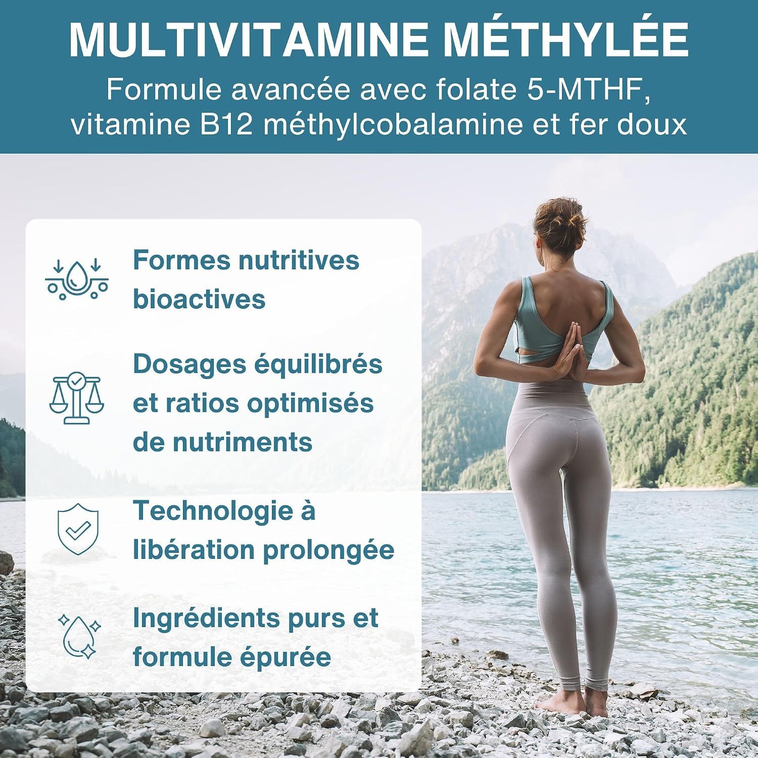 Femme en pose de yoga au bord du lac. Le texte souligne les formes bioactives, les dosages équilibrés et la libération prolongée.