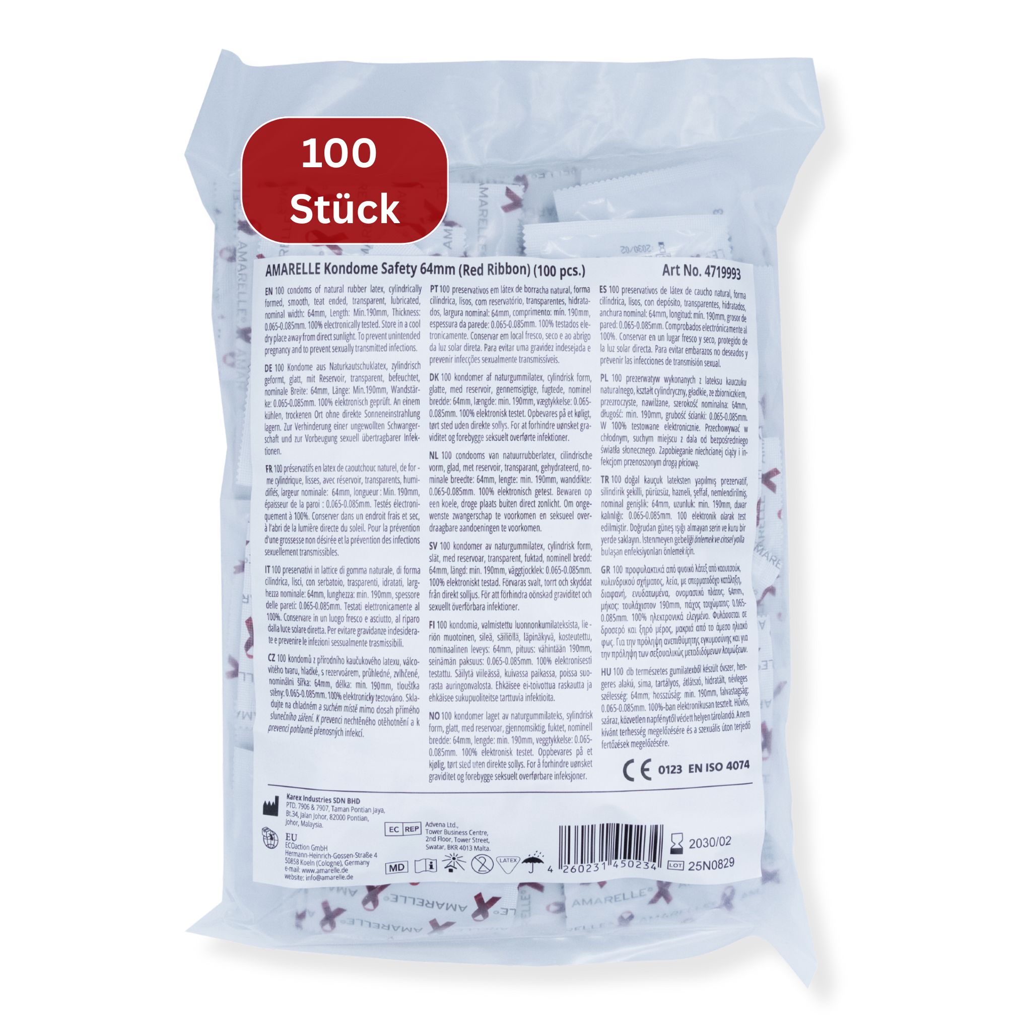 Sachet de préservatifs. Inscription: Amarelle Kondome Safety 64mm (Red Ribbon) (100 pcs). 100 pièces. Emballage avec informations produit.