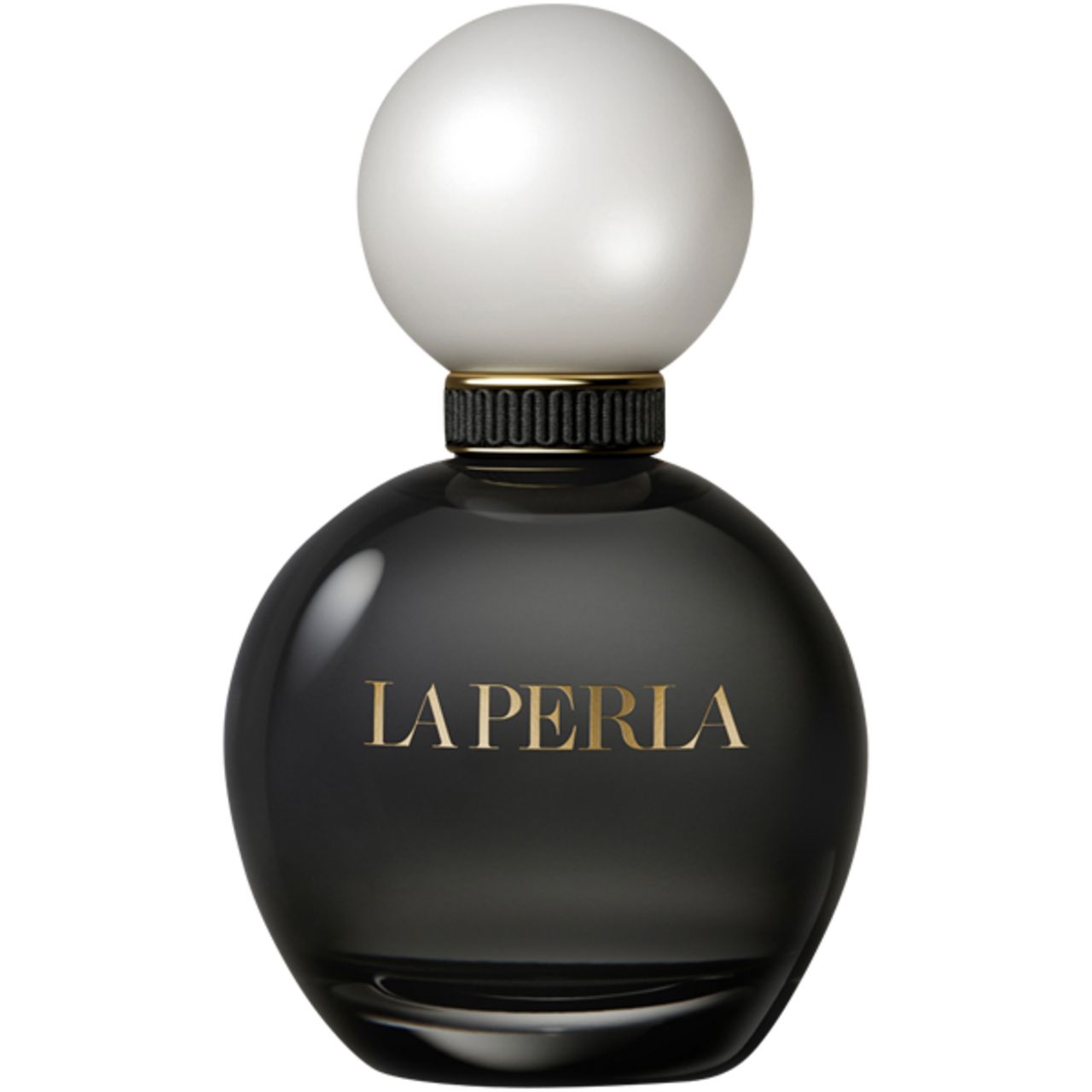 Flacon La Perla Signature E.d.P. Nat. Spray. Rond, gris foncé, bouchon blanc. Inscription dorée. Col noir.