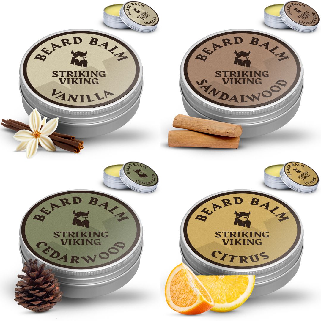 Quatre boîtes de baume à barbe vanille, bois de santal, cèdre et citron.