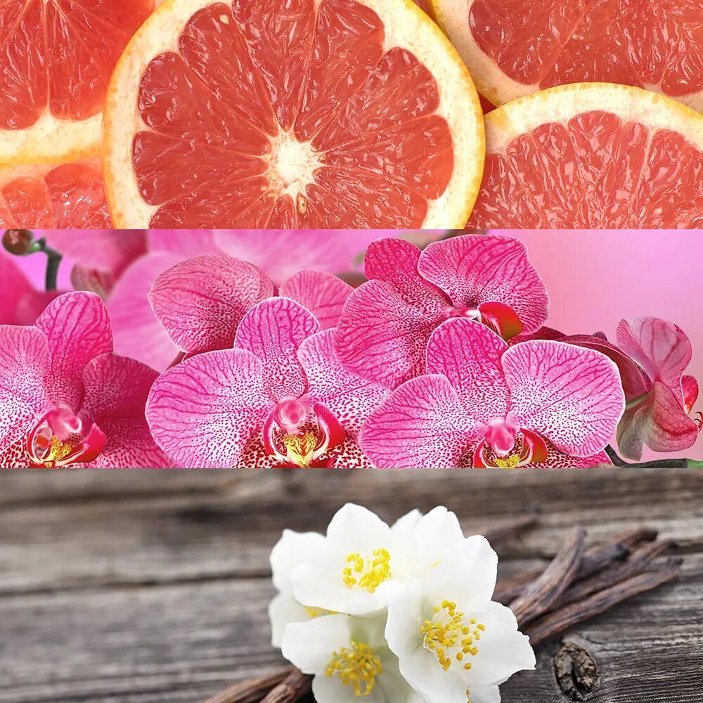 Close-up van grapefruit, orchideeën en jasmijnbloemen. Op houten achtergrond.