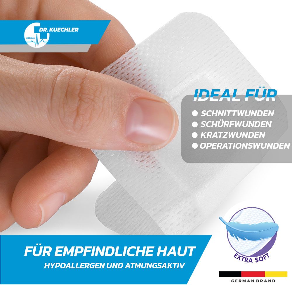 Witte pleister in hand. Geschikt voor snijwonden, schaafwonden, krassen en operatiewonden. Merk: Dr. Kuechler.