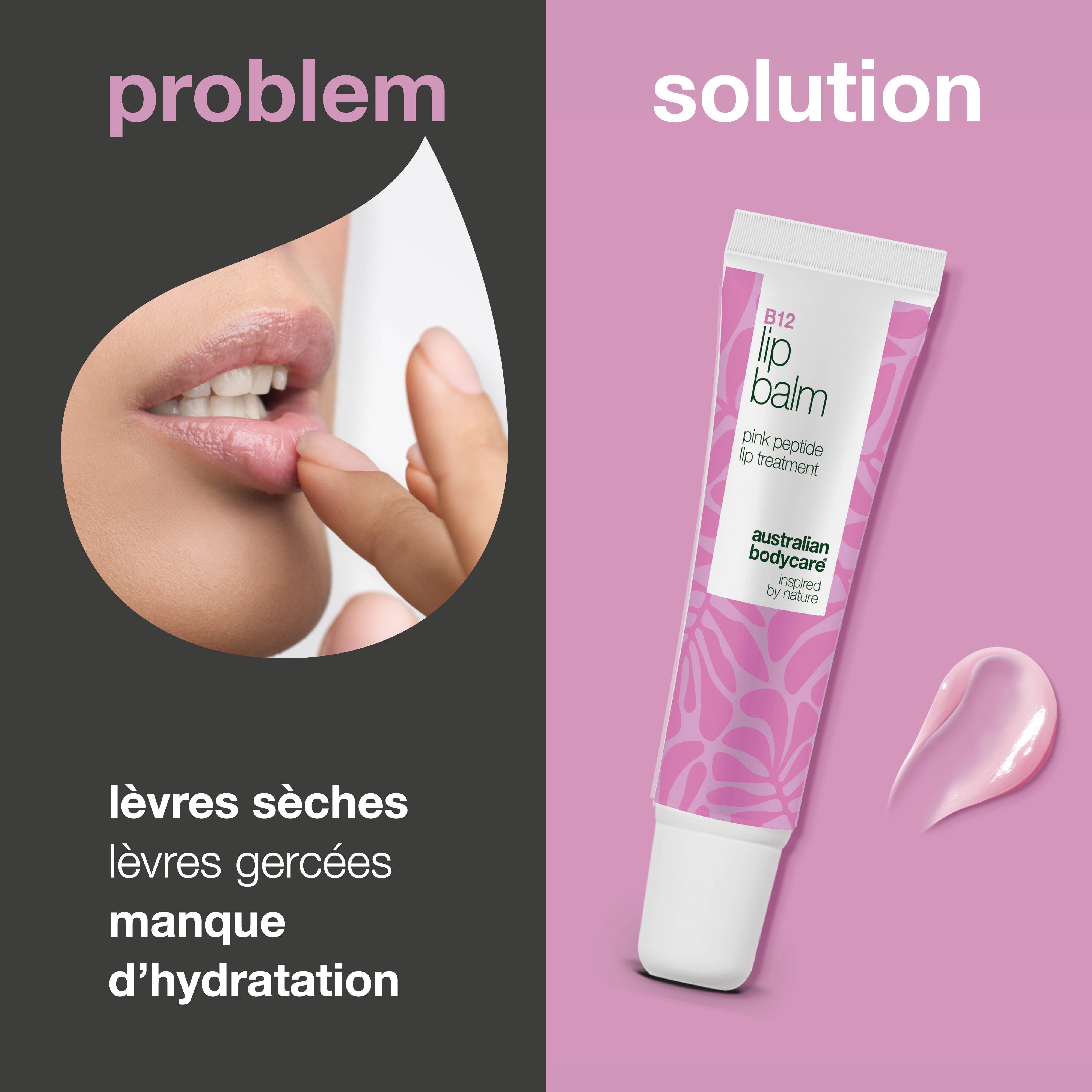 Lèvres sèches. À droite : tube de baume à lèvres, produit rose. Texte : B12 Lip Balm, pink peptide. Australian Bodycare.