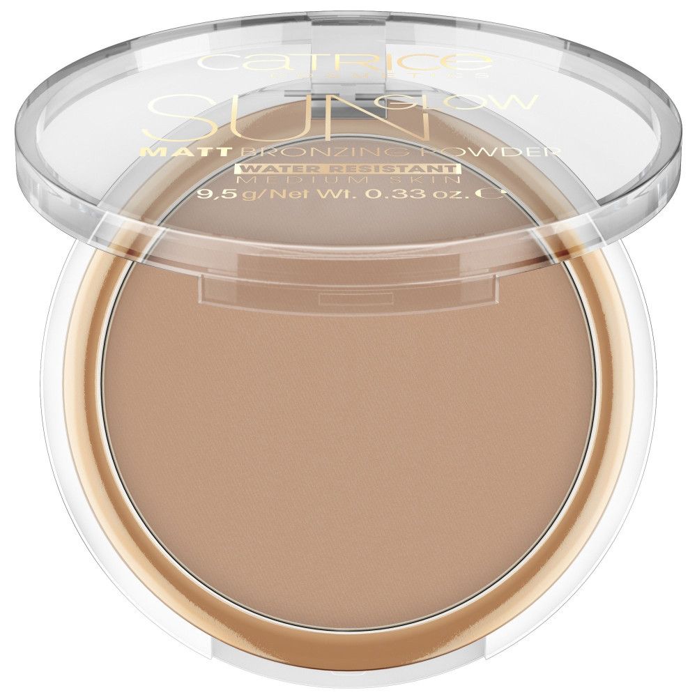 Bronzing poeder in ronde doos met transparante deksel. Opschrift: Catrice Sun Glow Matt Bronzing Powder. Inhoud: 9,5 g.