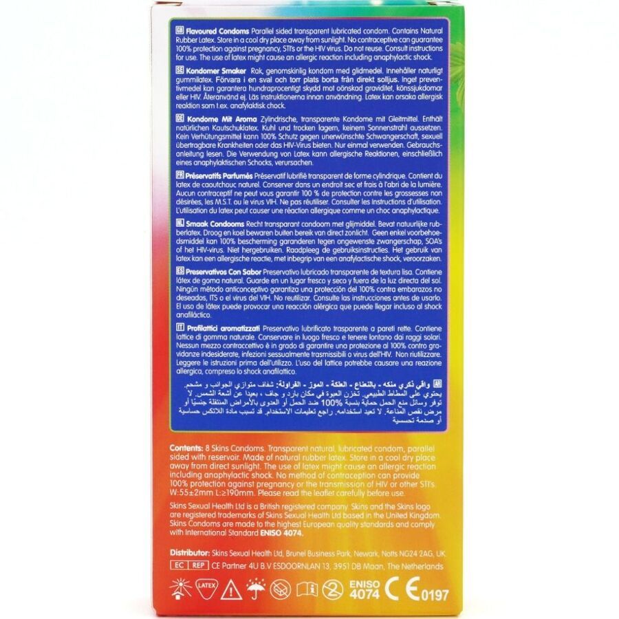 Dos d'une boîte de préservatifs. Texte multilingue. Informations sur les ingrédients et l'utilisation.