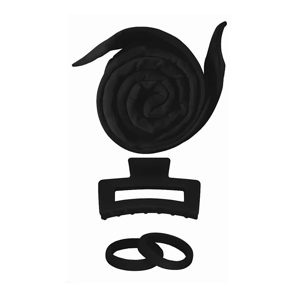 Bigoudi en tissu noir, pince à cheveux et deux élastiques.