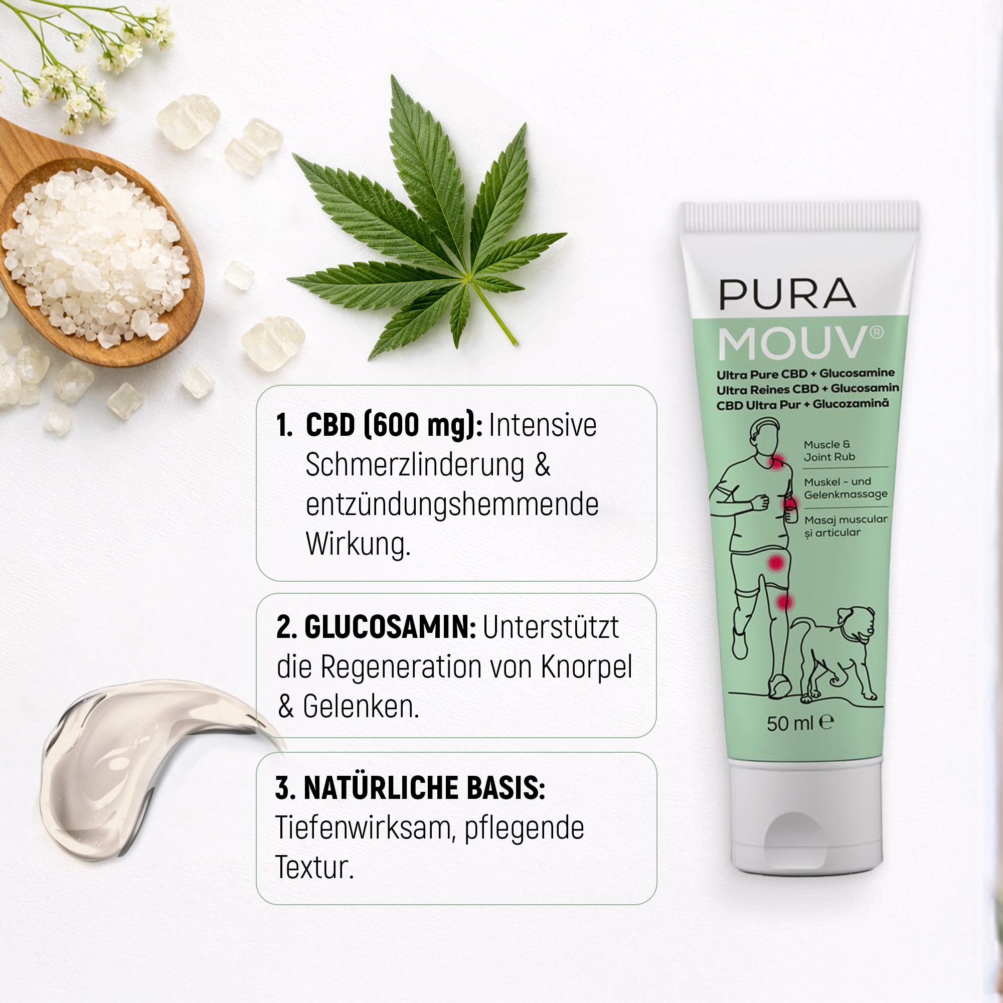 BHW PuraMouv Spier- & Gewrichtsbalsem CBD & Glucosamine Tube met ingrediënten: CBD, Glucosamine, zeezout.