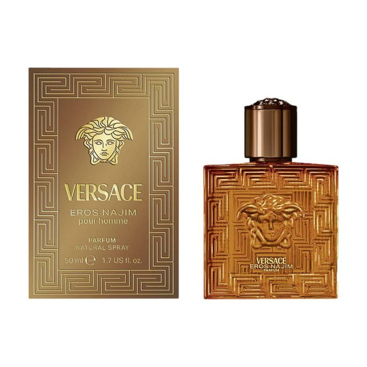 Flacon et emballage dorés. Forme carrée avec relief. Marque et nom du produit visibles. 50 ml.