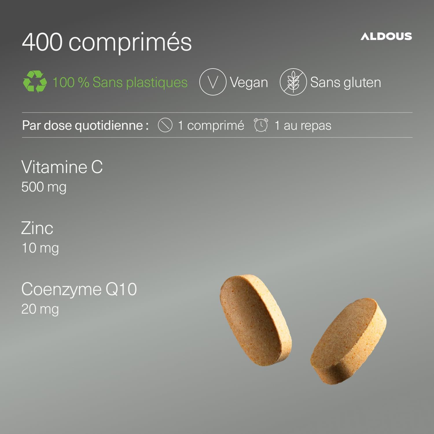 400 comprimés : Vitamine C (500mg), Zinc (10mg), Coenzyme Q10 (20mg). Vegan, sans gluten, sans plastique.