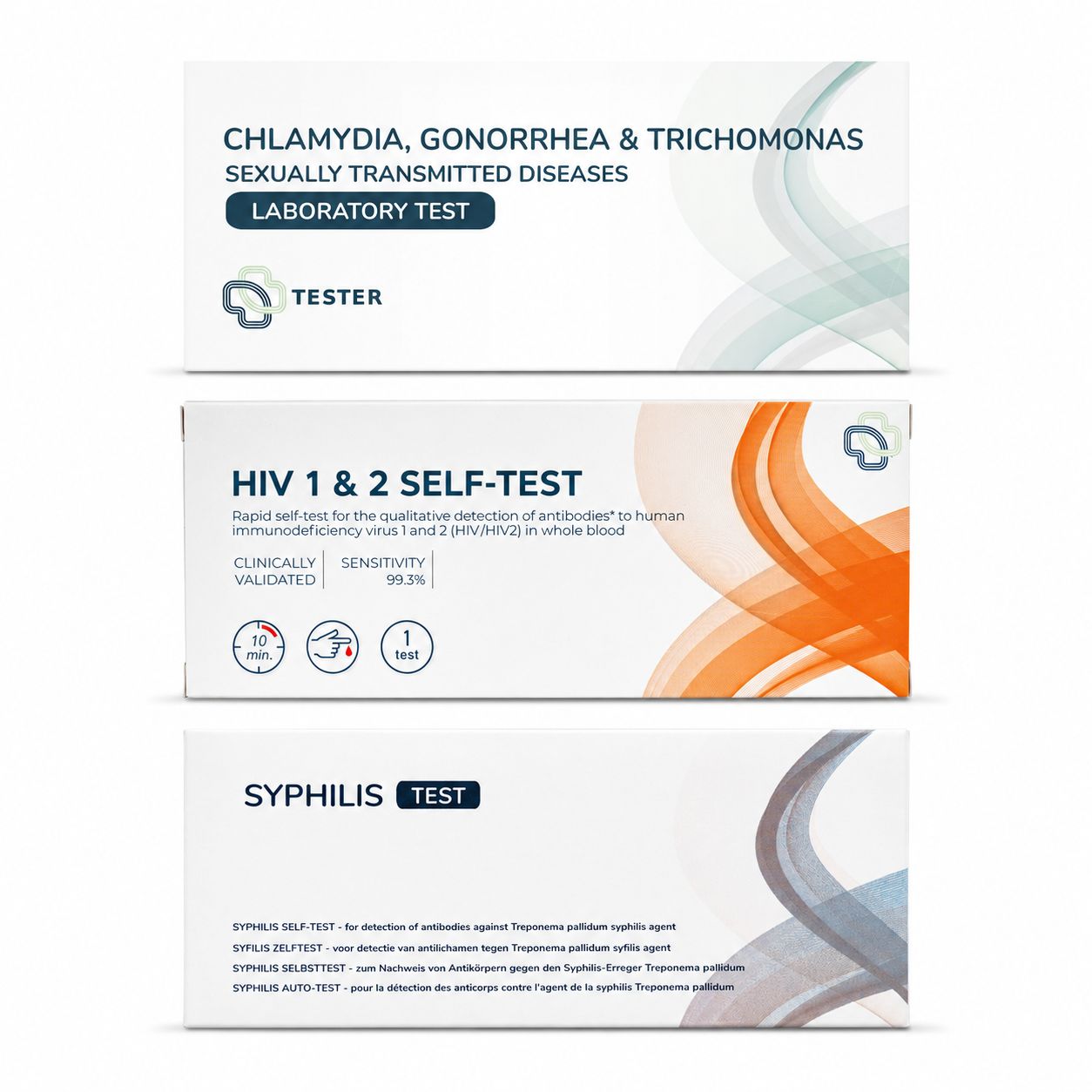 Trois kits de test : Chlamydia/Gonorrhée/Trichomonas Lab, Auto-test VIH 1&2, Auto-test Syphilis.