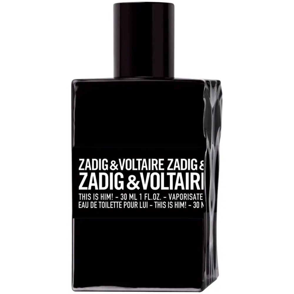 Zwarte fles. Opschrift: ZADIG & VOLTAIRE THIS IS HIM! Eau de Toilette. 30 ml.
