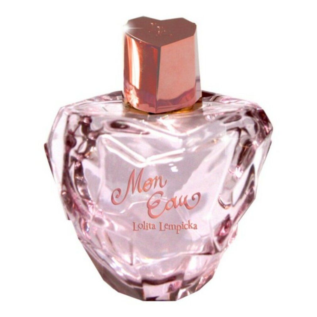 Flacon rose avec bouchon doré. "Mon Eau" et "Lolita Lempicka" sont inscrits sur le flacon.