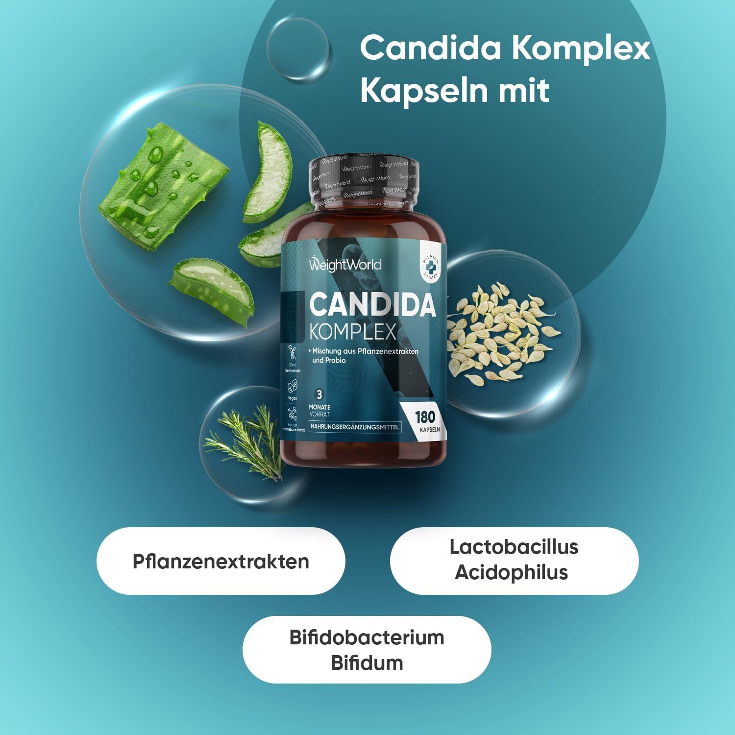 Flacon brun de gélules. Inscription: Candida Komplex. 180 gélules. 3 mois d'approvisionnement. Avec extraits de plantes et probiotiques.