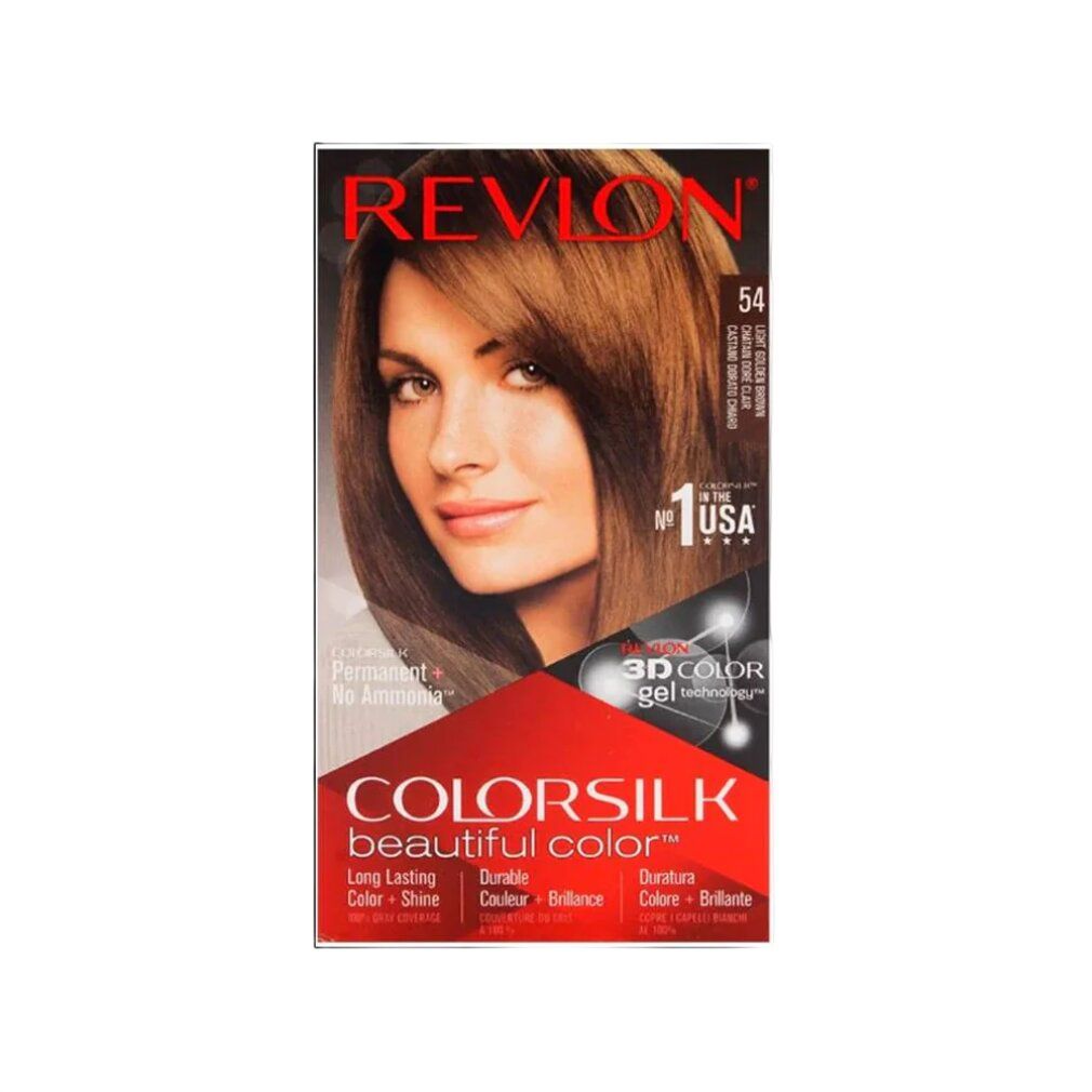 Verpakking Revlon Colorsilk 54 Hellgoldbraun. Vrouw met bruin haar. Productnaam en tint duidelijk zichtbaar.