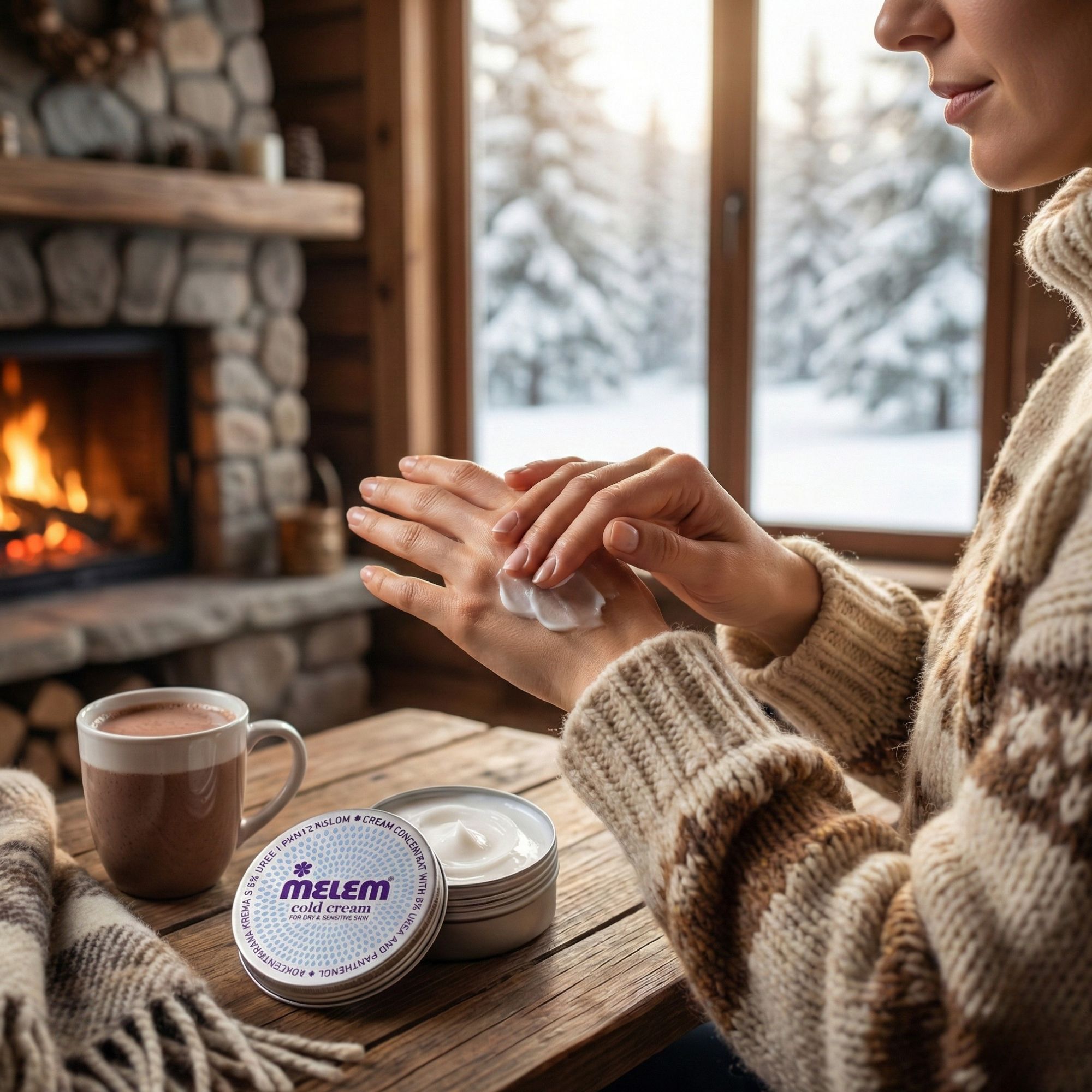 Personne applique de la crème. À côté, boîte Melem Cold Cream. Tasse de café et couverture sur la table.