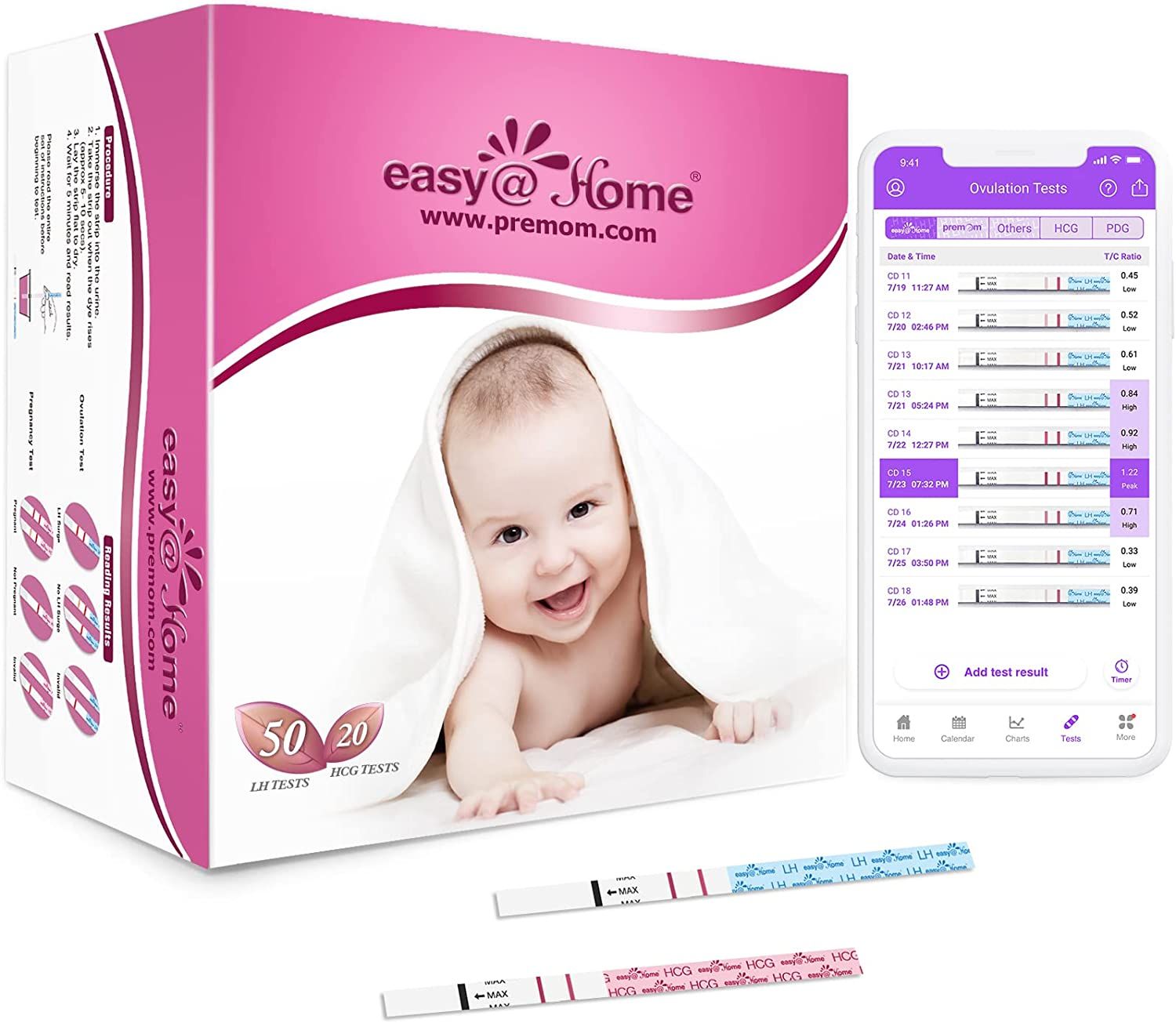 Boîte de 50 tests d'ovulation et 20 tests de grossesse précoces. Smartphone avec résultats. Deux bandelettes.