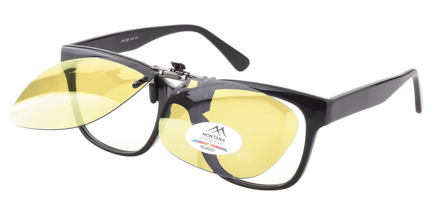 Lunettes noires avec clip-on jaune. Logo Montana Eyewear et étiquette polarisée.