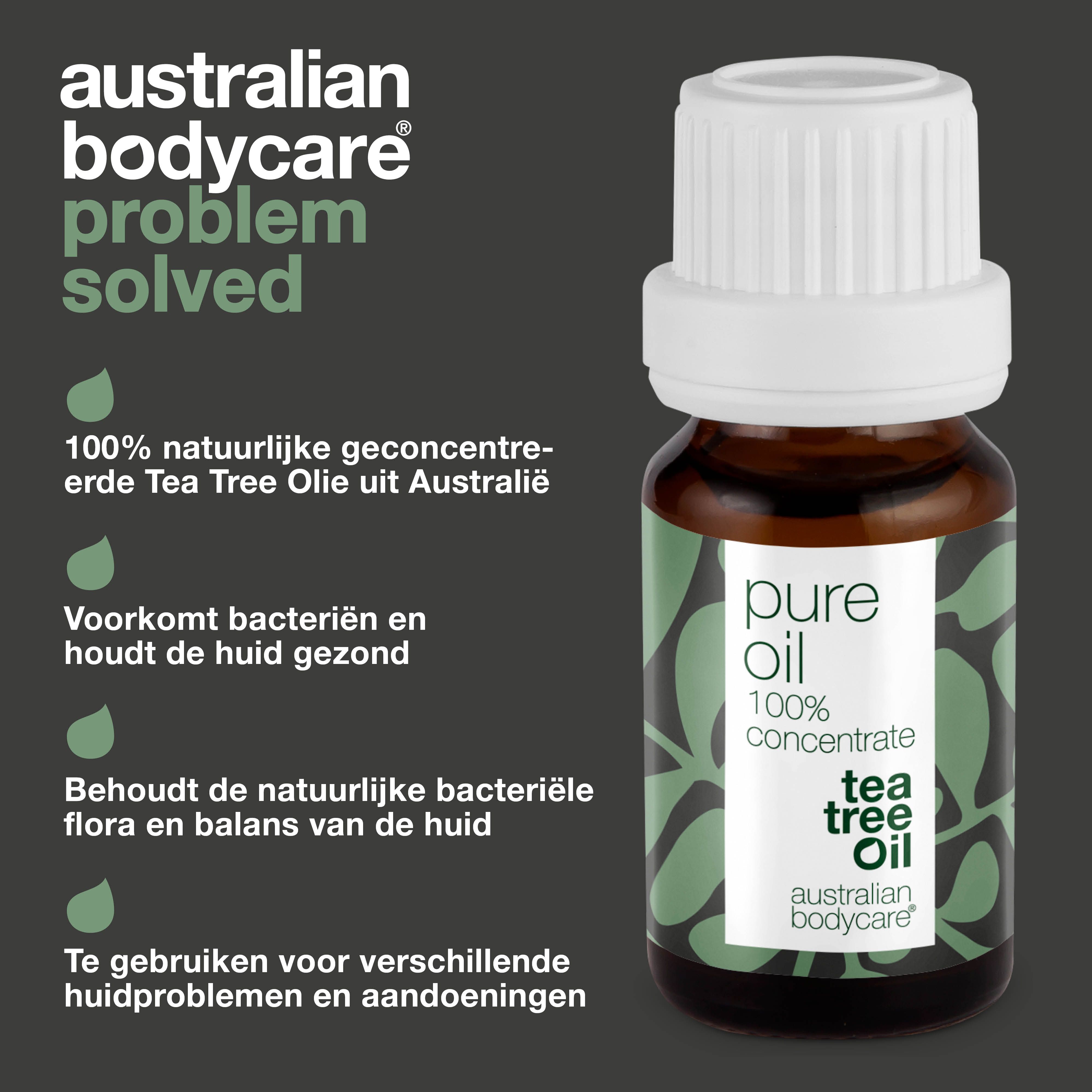 Grafiek: probleem opgelost. Fles met tekst: pure oil, 100% concentrate, tea tree oil, australian bodycare. Tekst en druppels.