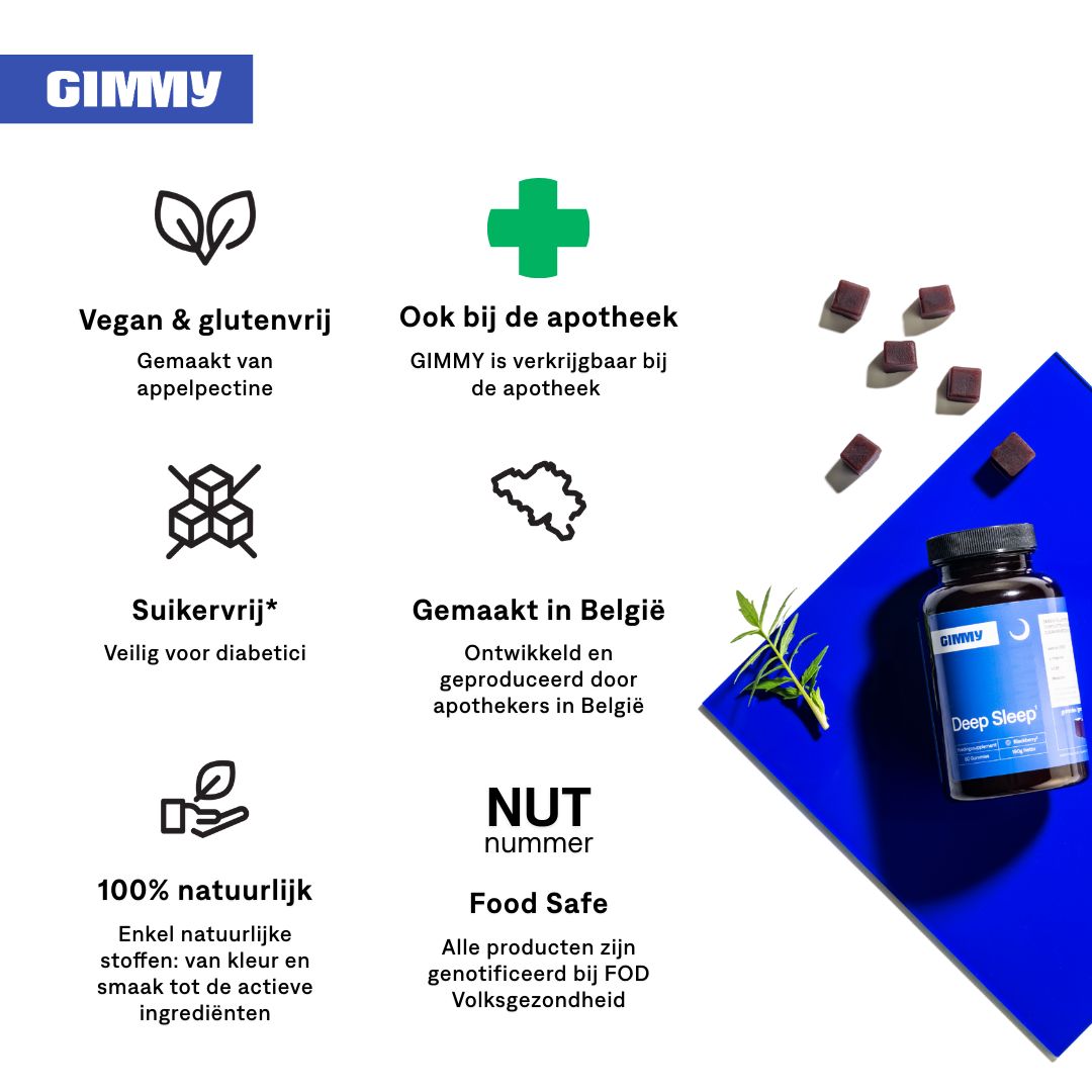 GIMMY Deep Sleep Gummies. Vegan, glutenvrij, suikervrij. Gemaakt in België. Verkrijgbaar in apotheken.