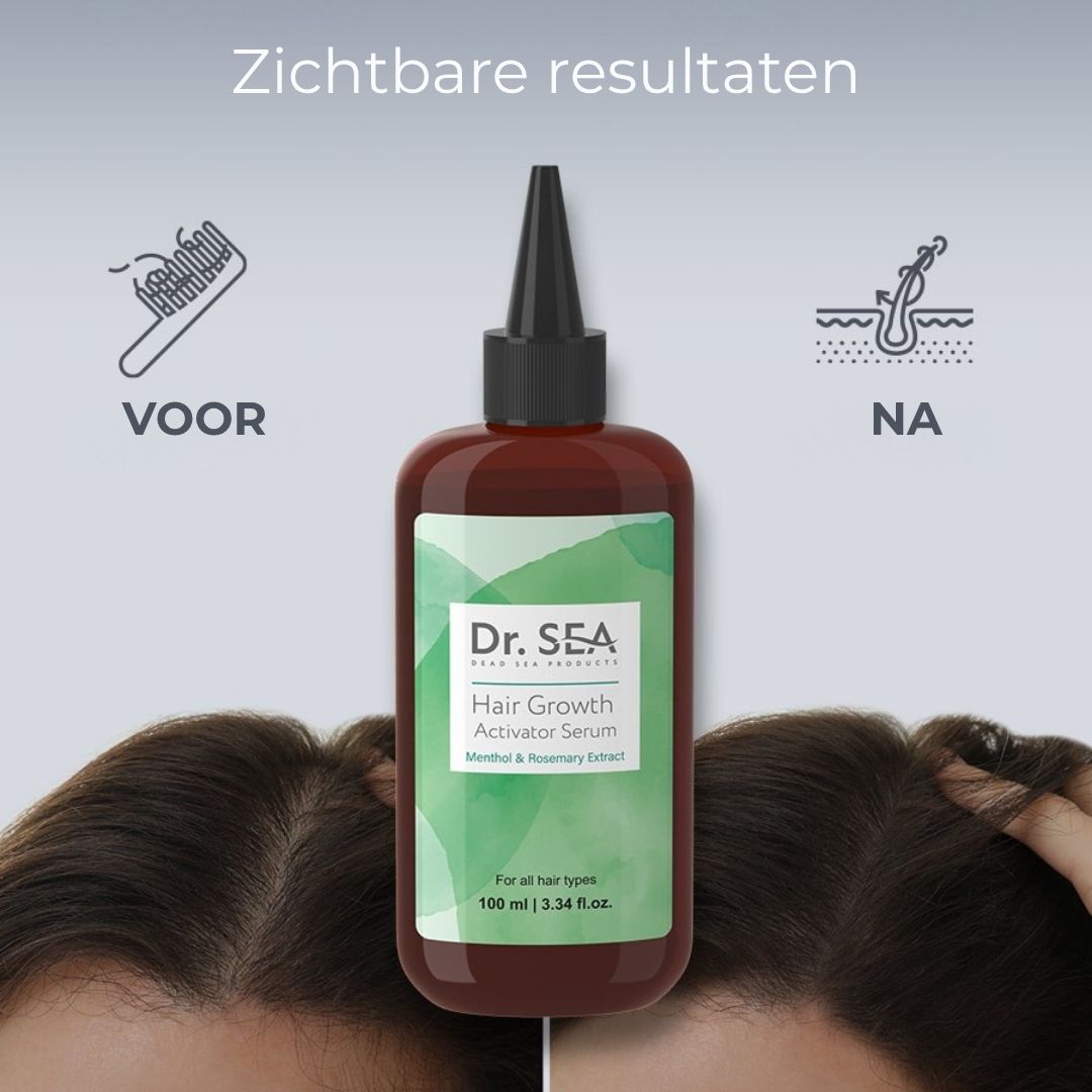 Fles met voor-na foto's. Dr. SEA, Hair Growth Activator Serum. Voor alle haartypes. 100 ml.