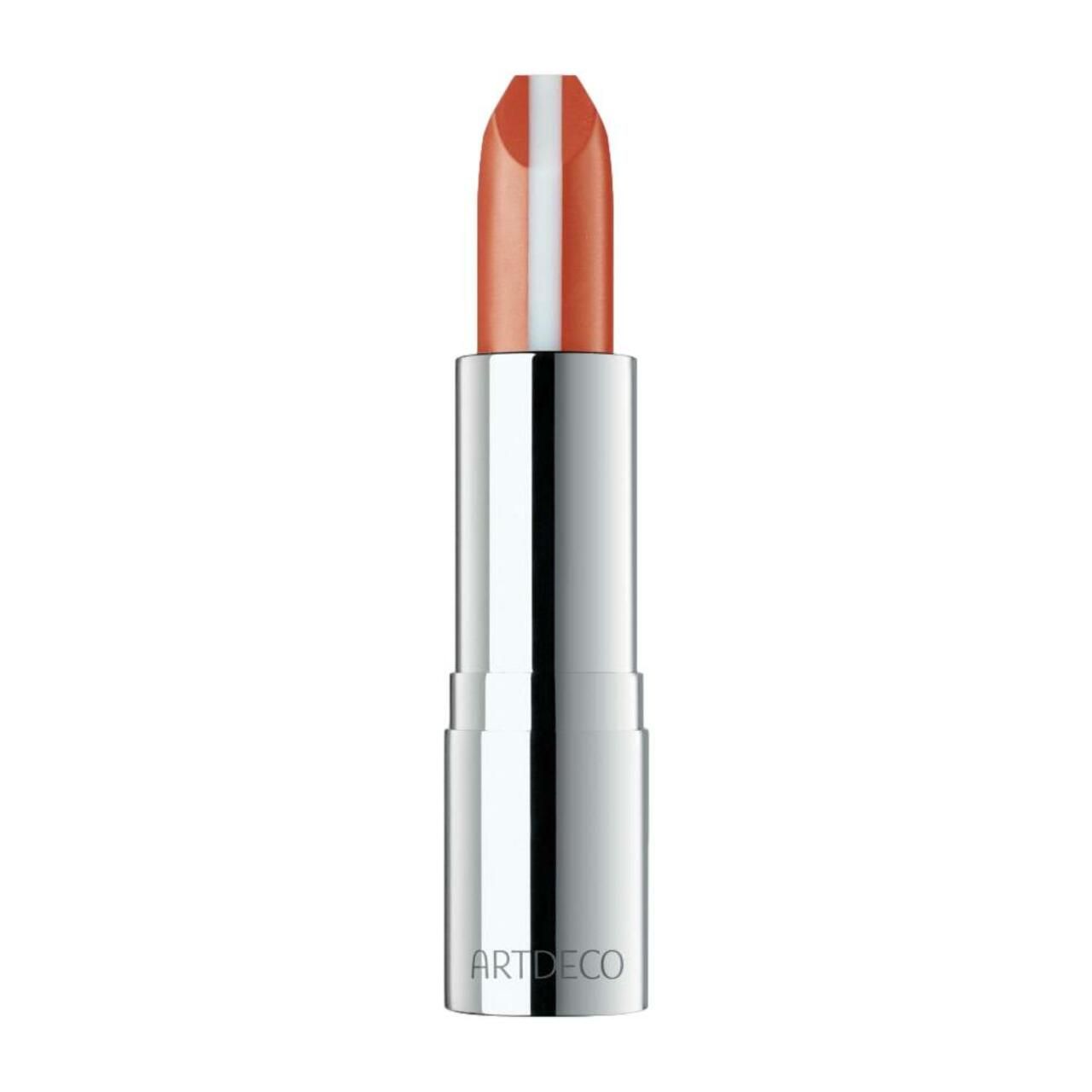 Rouge à lèvres Artdeco Hydra Care dans un tube argenté, avec un raisin bicolore.
