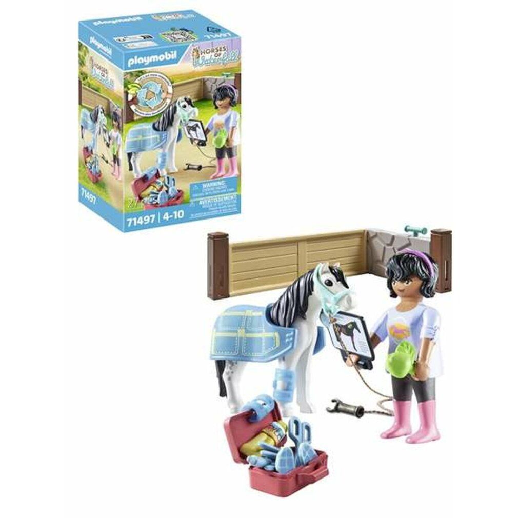 Playmobil 71497. Cheval, figurine, accessoires, boîte. Cheval avec couverture, figurine avec tablette. Mallette rouge.