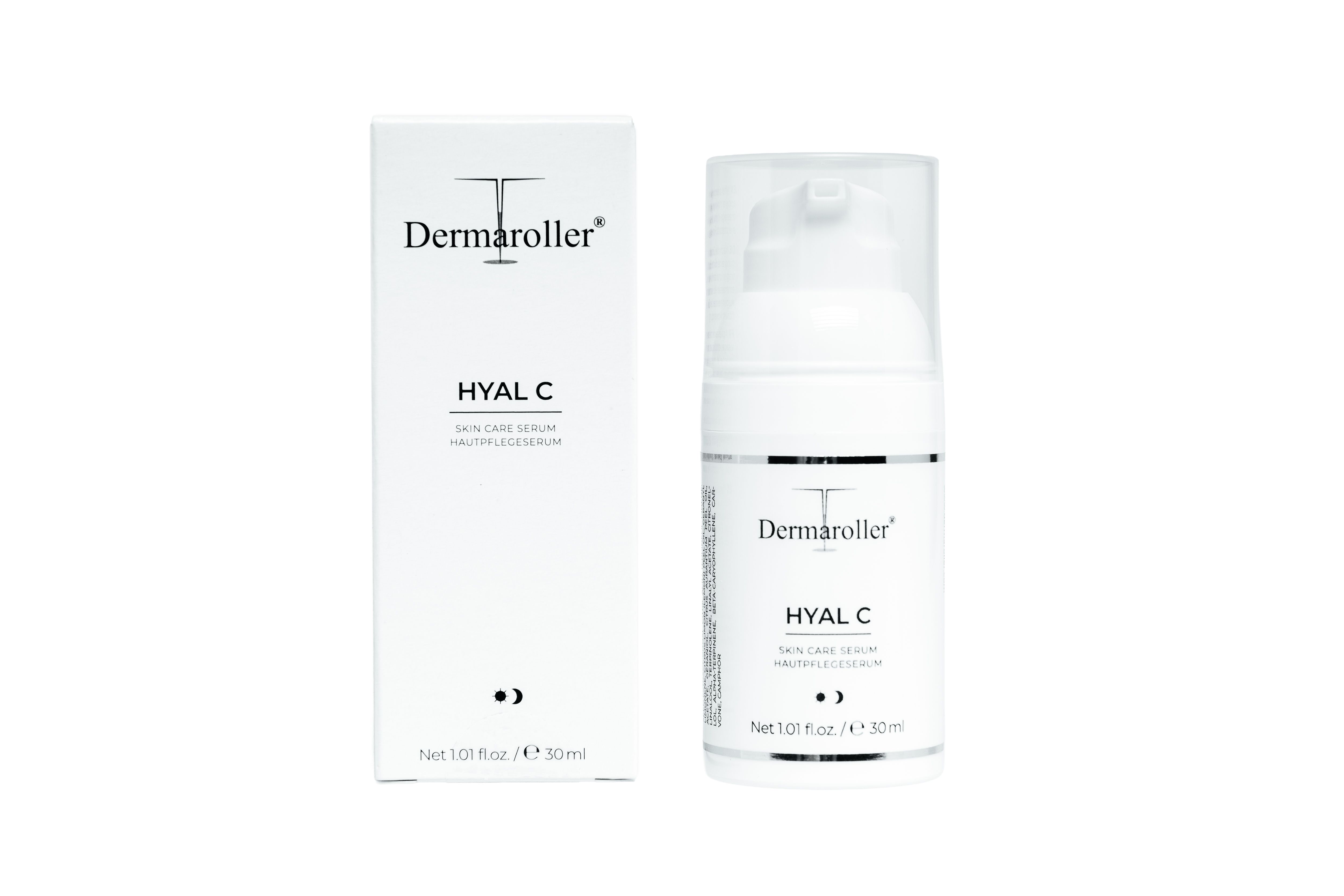 Dermaroller Hyal C Serum fles en doosje.