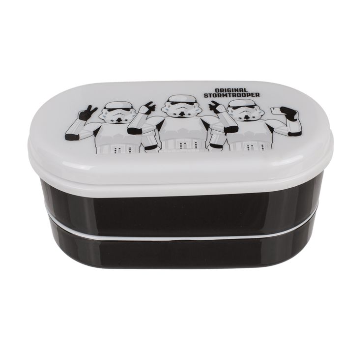Zwarte lunchbox met wit deksel. Stormtroopers op deksel. Met twee compartimenten.