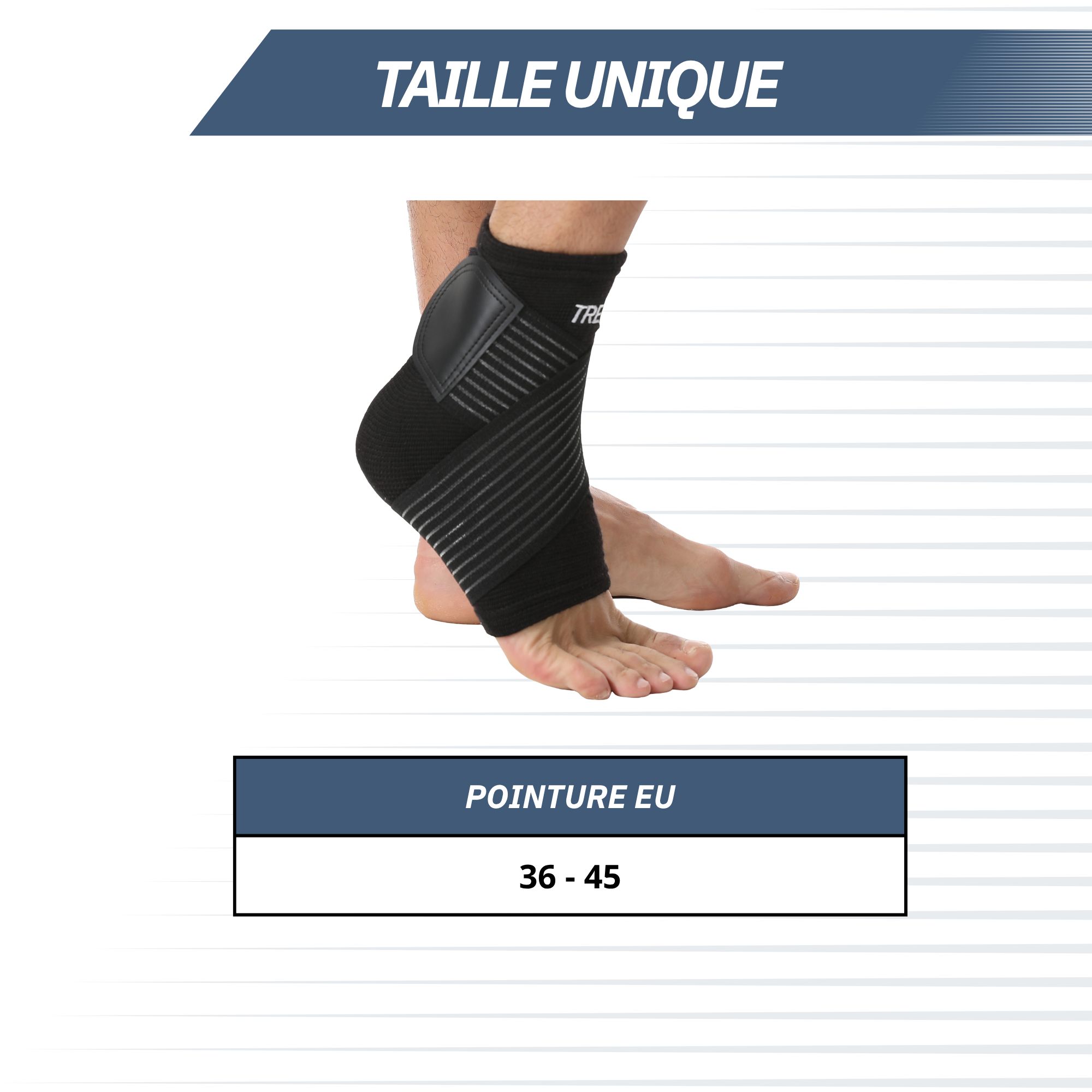 Chevillère noire à motif rayé, portée sur le pied droit. Taille : 36-45.